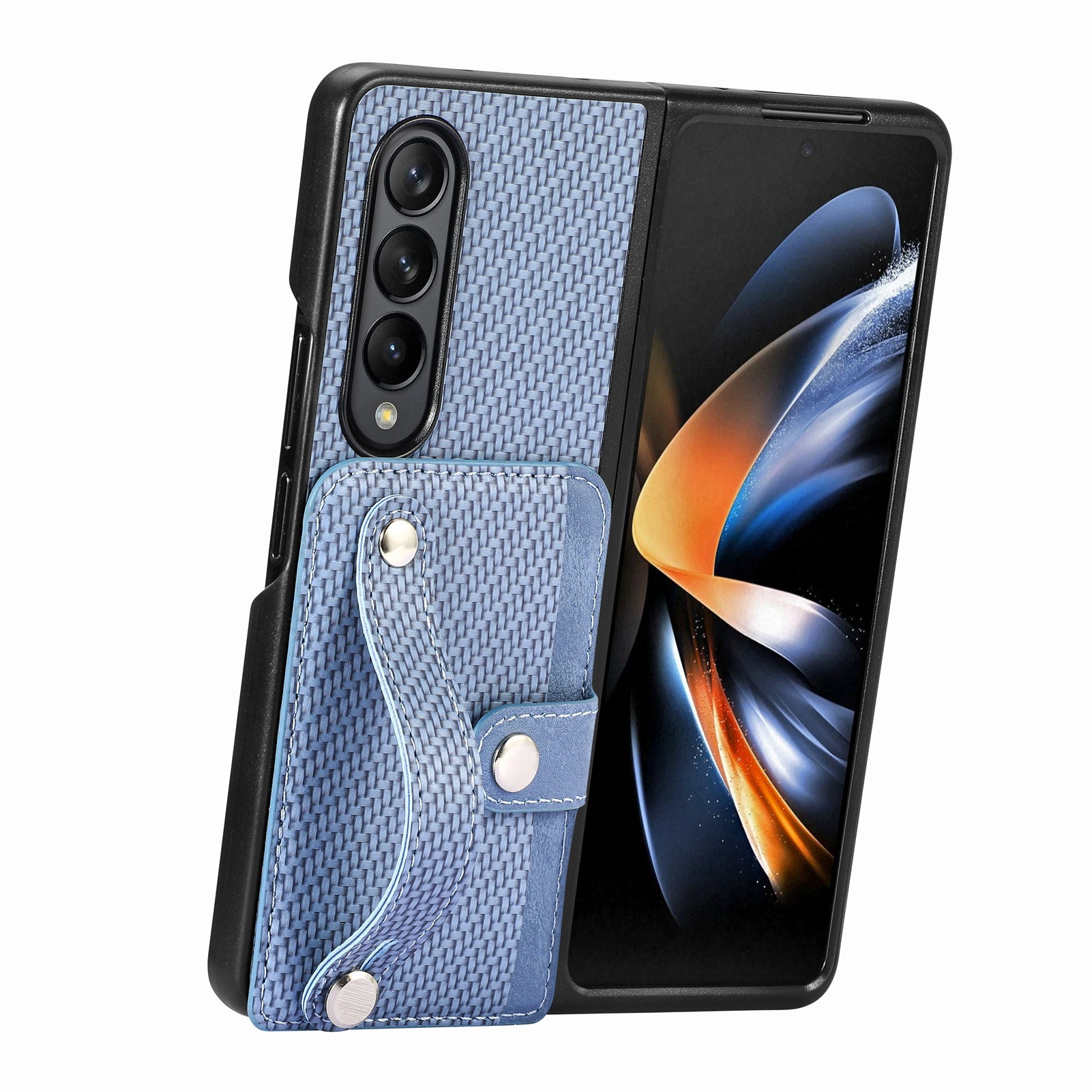 For Samsung Galaxy Z Fold4 5G PU Leather PC Card Slot Phone Case Strap Kickstand Carbon Fiber Texture Cover