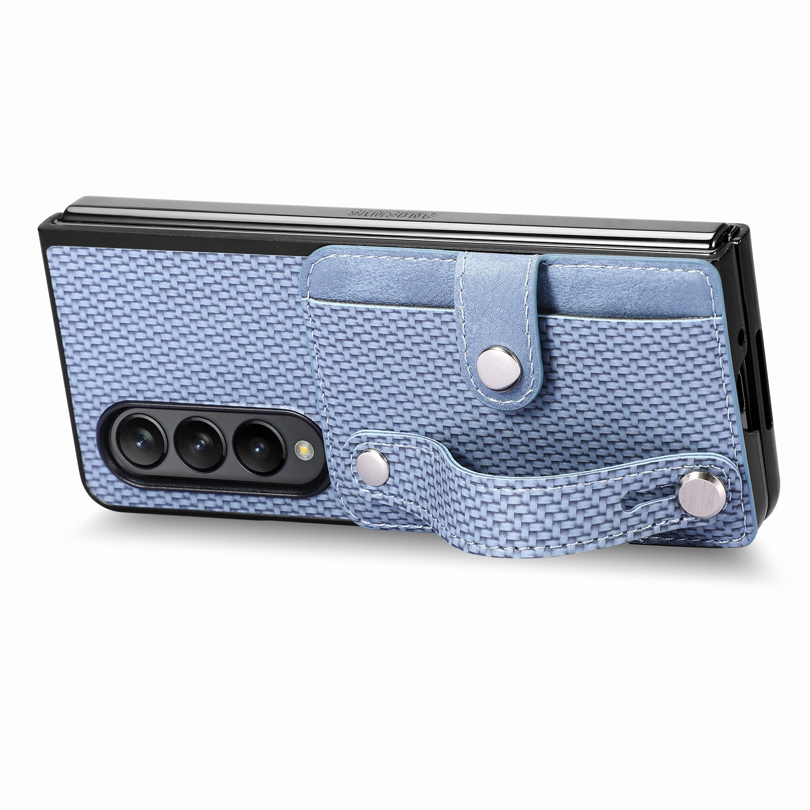 For Samsung Galaxy Z Fold4 5G PU Leather PC Card Slot Phone Case Strap Kickstand Carbon Fiber Texture Cover