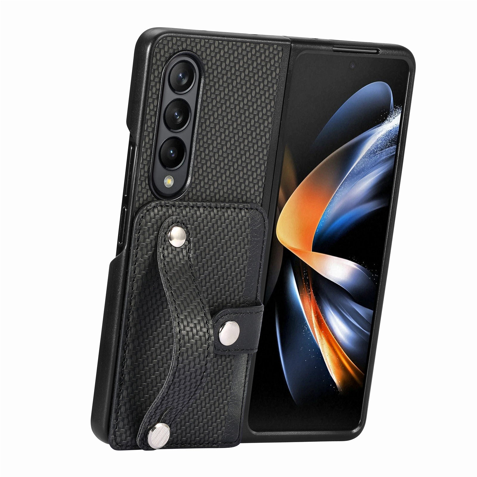 For Samsung Galaxy Z Fold4 5G PU Leather PC Card Slot Phone Case Strap Kickstand Carbon Fiber Texture Cover