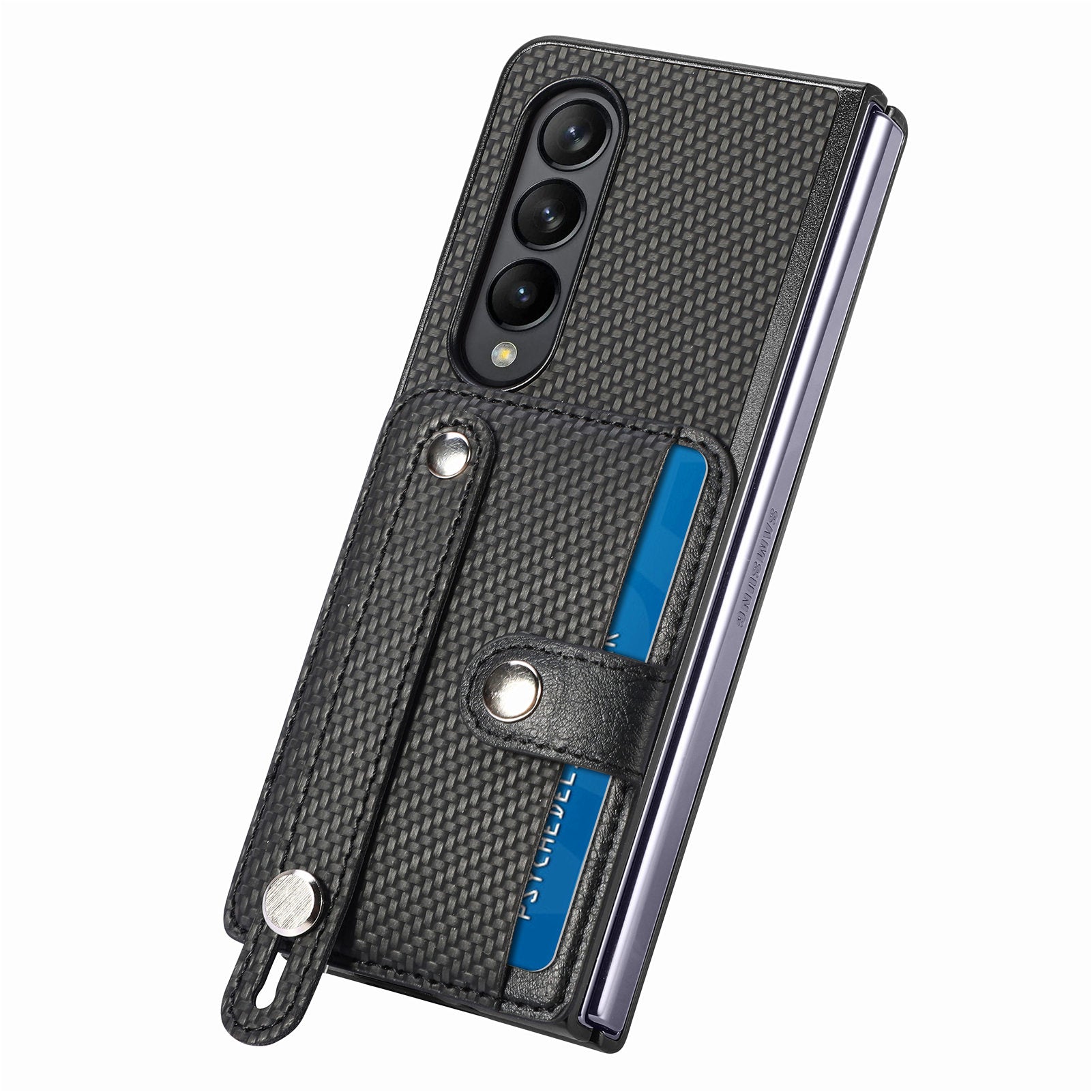 For Samsung Galaxy Z Fold4 5G PU Leather PC Card Slot Phone Case Strap Kickstand Carbon Fiber Texture Cover