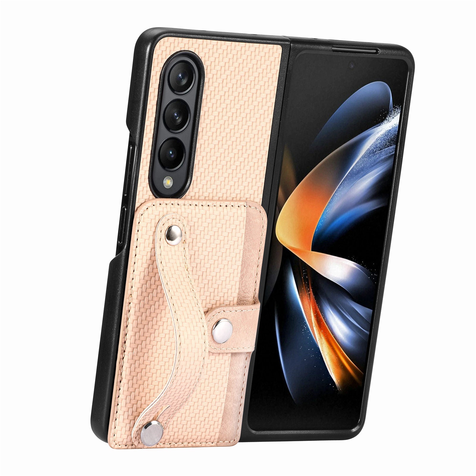 For Samsung Galaxy Z Fold4 5G PU Leather PC Card Slot Phone Case Strap Kickstand Carbon Fiber Texture Cover