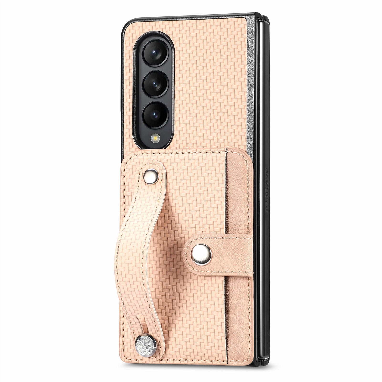 For Samsung Galaxy Z Fold4 5G PU Leather PC Card Slot Phone Case Strap Kickstand Carbon Fiber Texture Cover