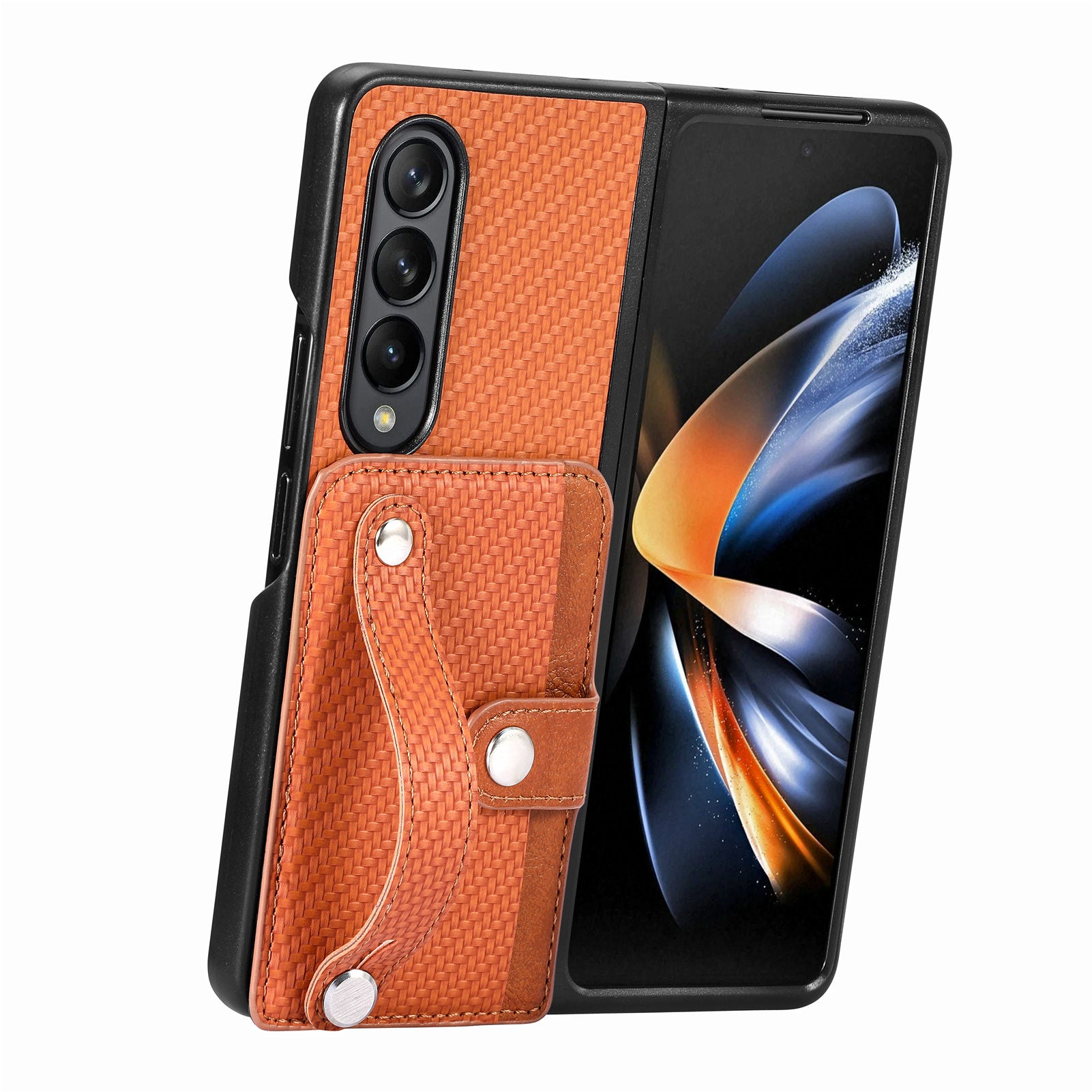 For Samsung Galaxy Z Fold4 5G PU Leather PC Card Slot Phone Case Strap Kickstand Carbon Fiber Texture Cover