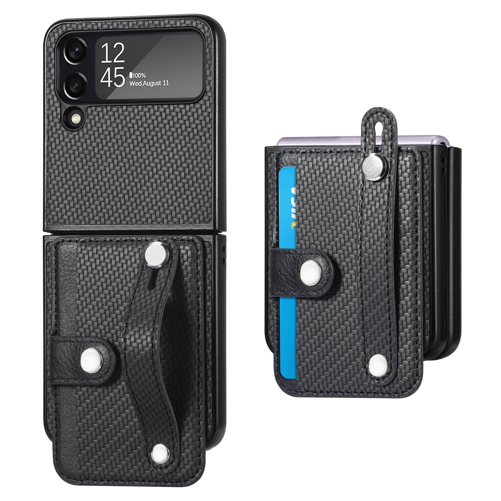 For Samsung Galaxy Z Flip3 5G Carbon Fiber Texture PU Leather Hard PC Phone Case Card Slot Wristband Kickstand Design Cover