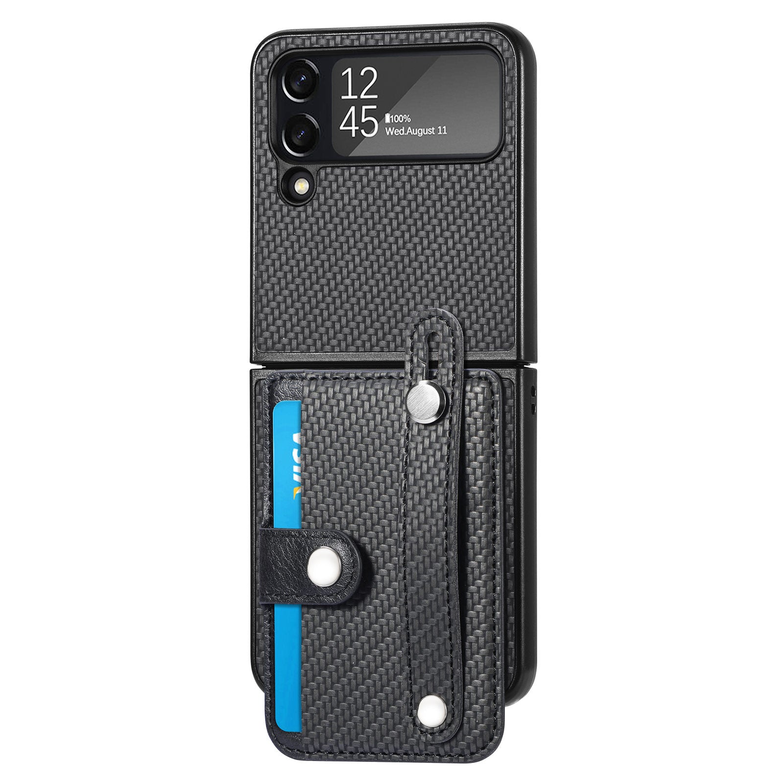 For Samsung Galaxy Z Flip3 5G Carbon Fiber Texture PU Leather Hard PC Phone Case Card Slot Wristband Kickstand Design Cover