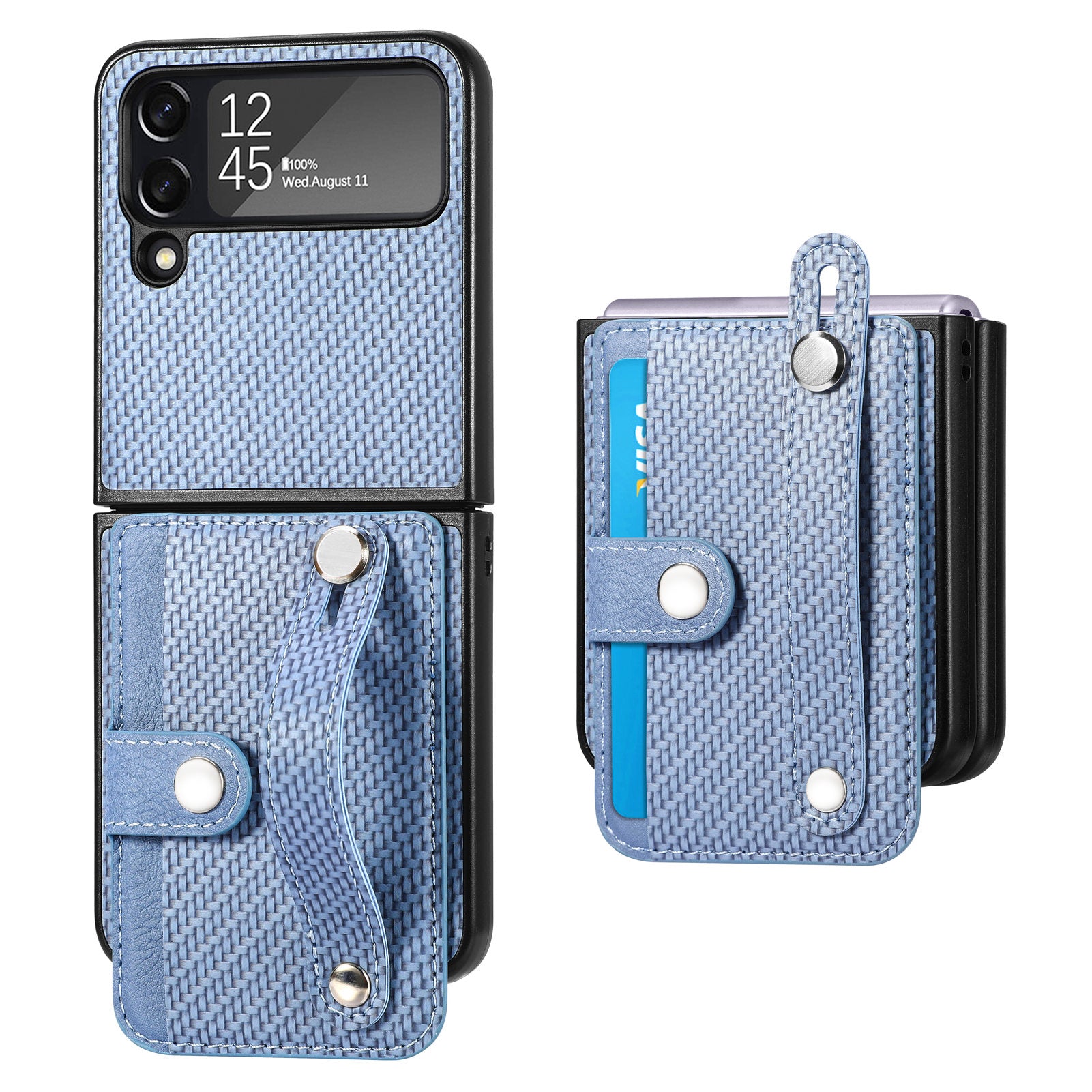 For Samsung Galaxy Z Flip3 5G Carbon Fiber Texture PU Leather Hard PC Phone Case Card Slot Wristband Kickstand Design Cover