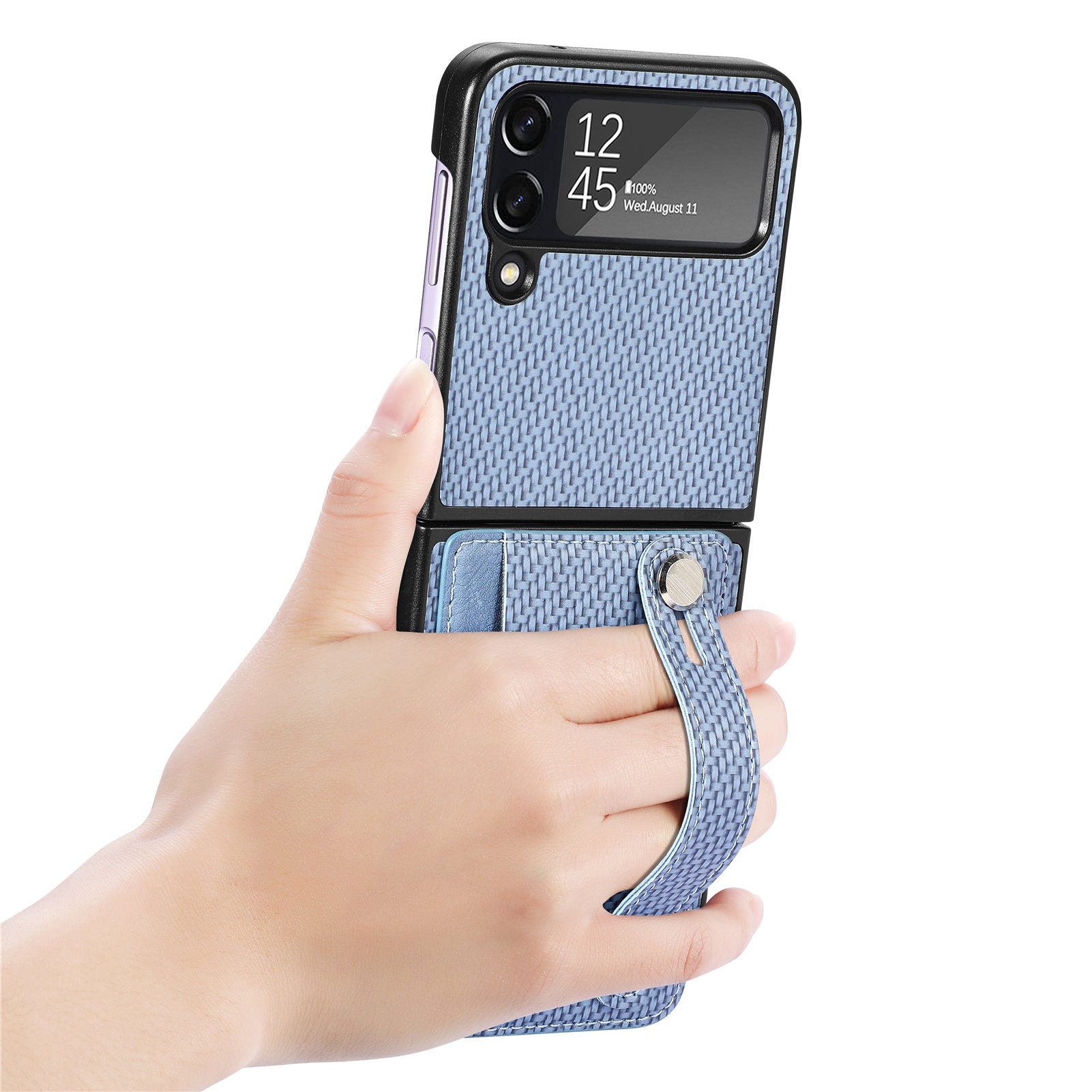 For Samsung Galaxy Z Flip3 5G Carbon Fiber Texture PU Leather Hard PC Phone Case Card Slot Wristband Kickstand Design Cover