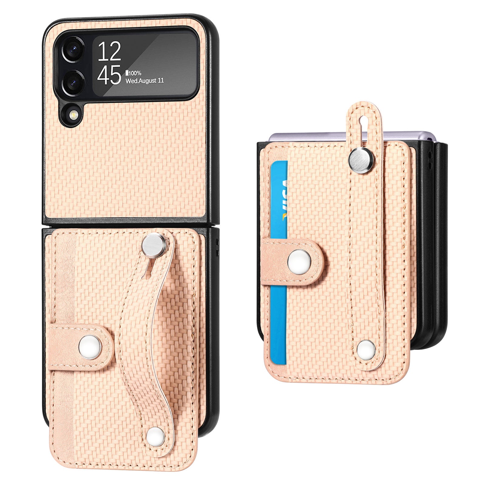 For Samsung Galaxy Z Flip3 5G Carbon Fiber Texture PU Leather Hard PC Phone Case Card Slot Wristband Kickstand Design Cover