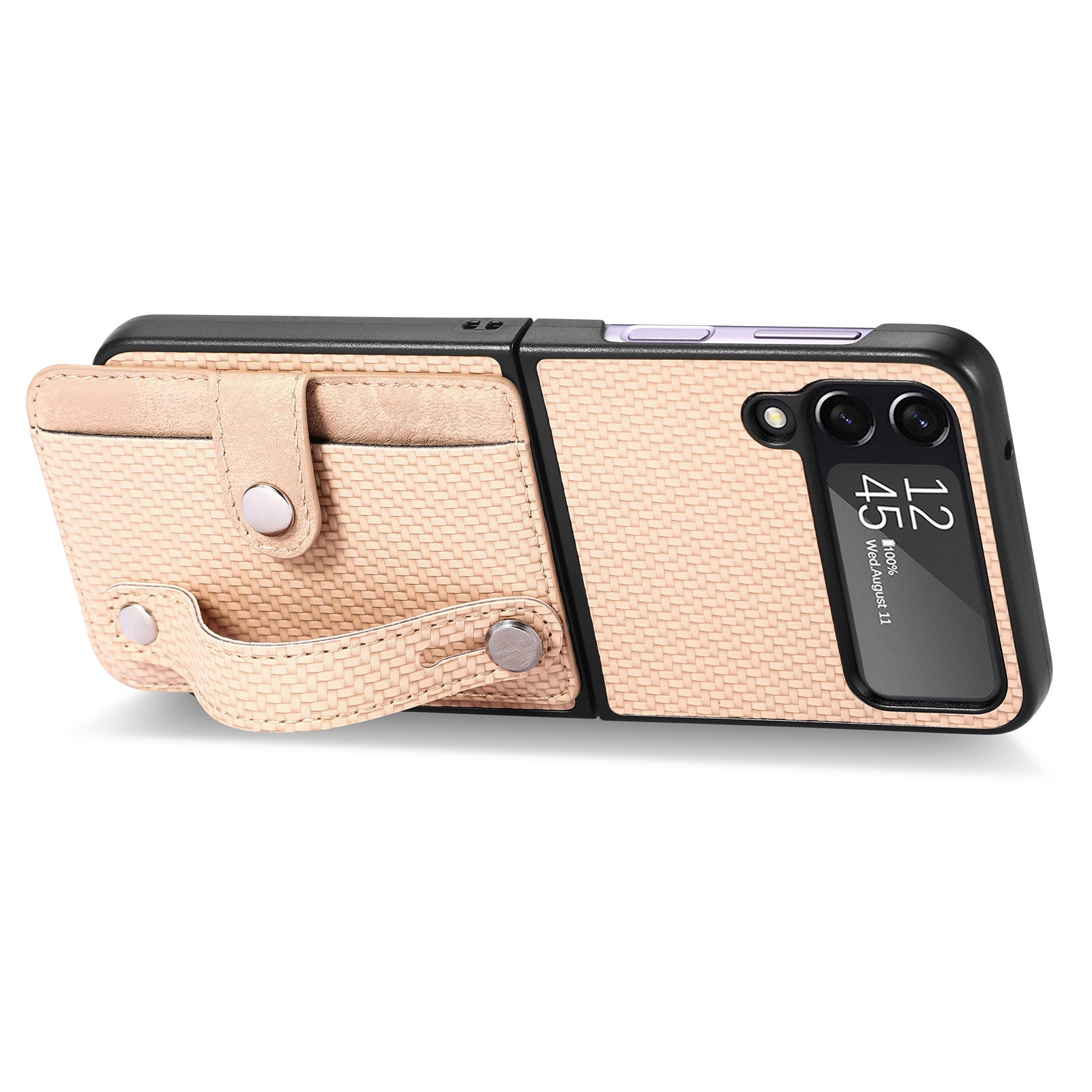 For Samsung Galaxy Z Flip3 5G Carbon Fiber Texture PU Leather Hard PC Phone Case Card Slot Wristband Kickstand Design Cover