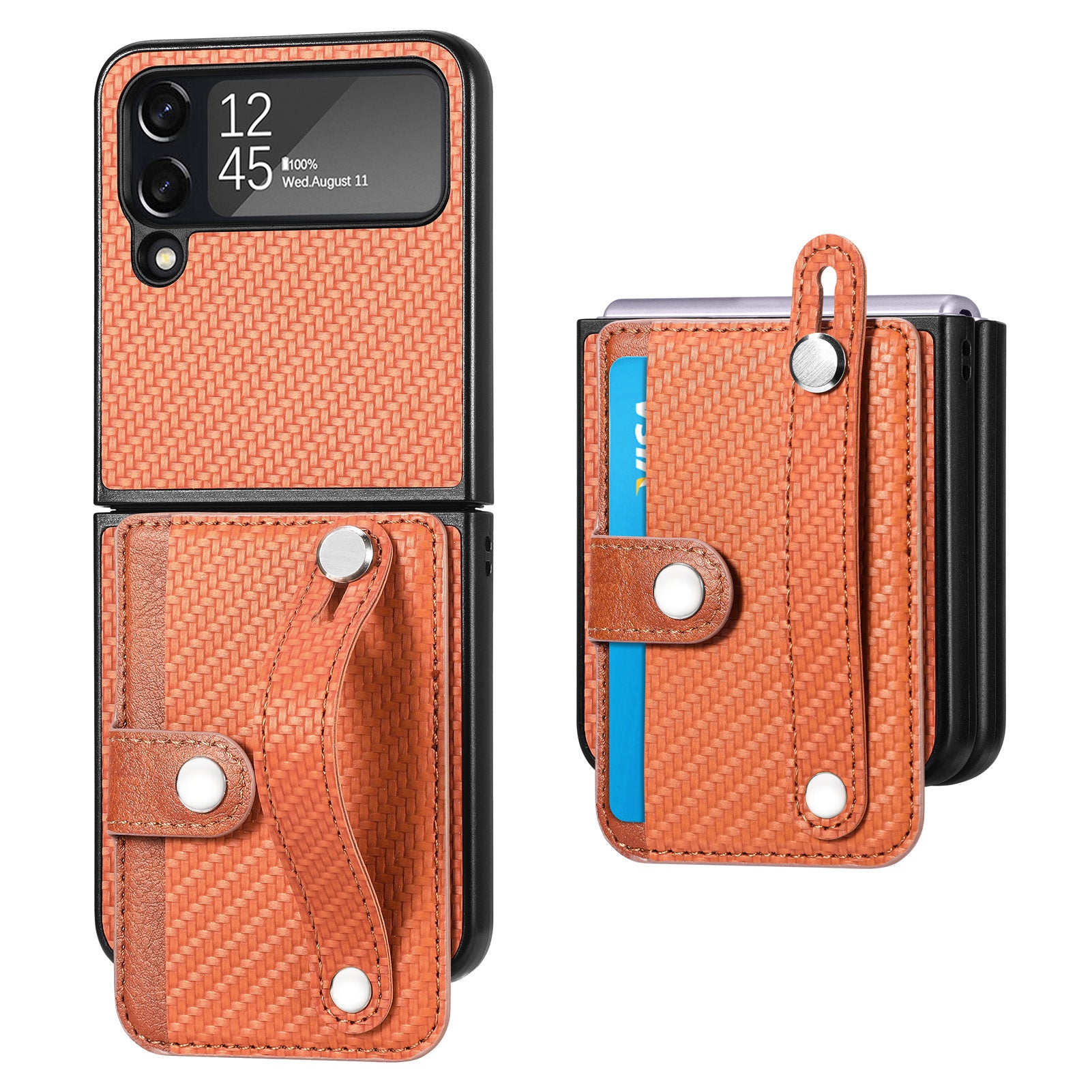 For Samsung Galaxy Z Flip3 5G Carbon Fiber Texture PU Leather Hard PC Phone Case Card Slot Wristband Kickstand Design Cover