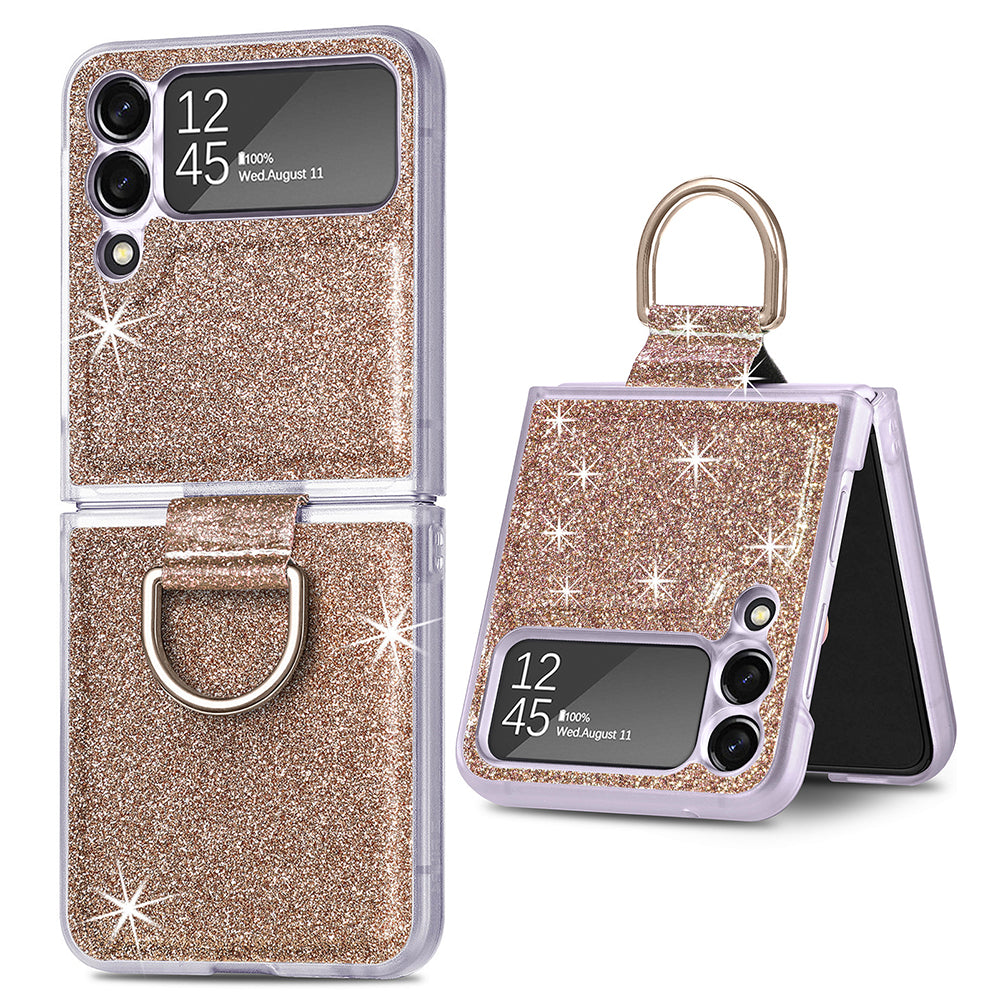 For Samsung Galaxy Z Flip3 5G Glitter Sequins Phone Case PU Leather PC Shockproof Cover with Ring Holder
