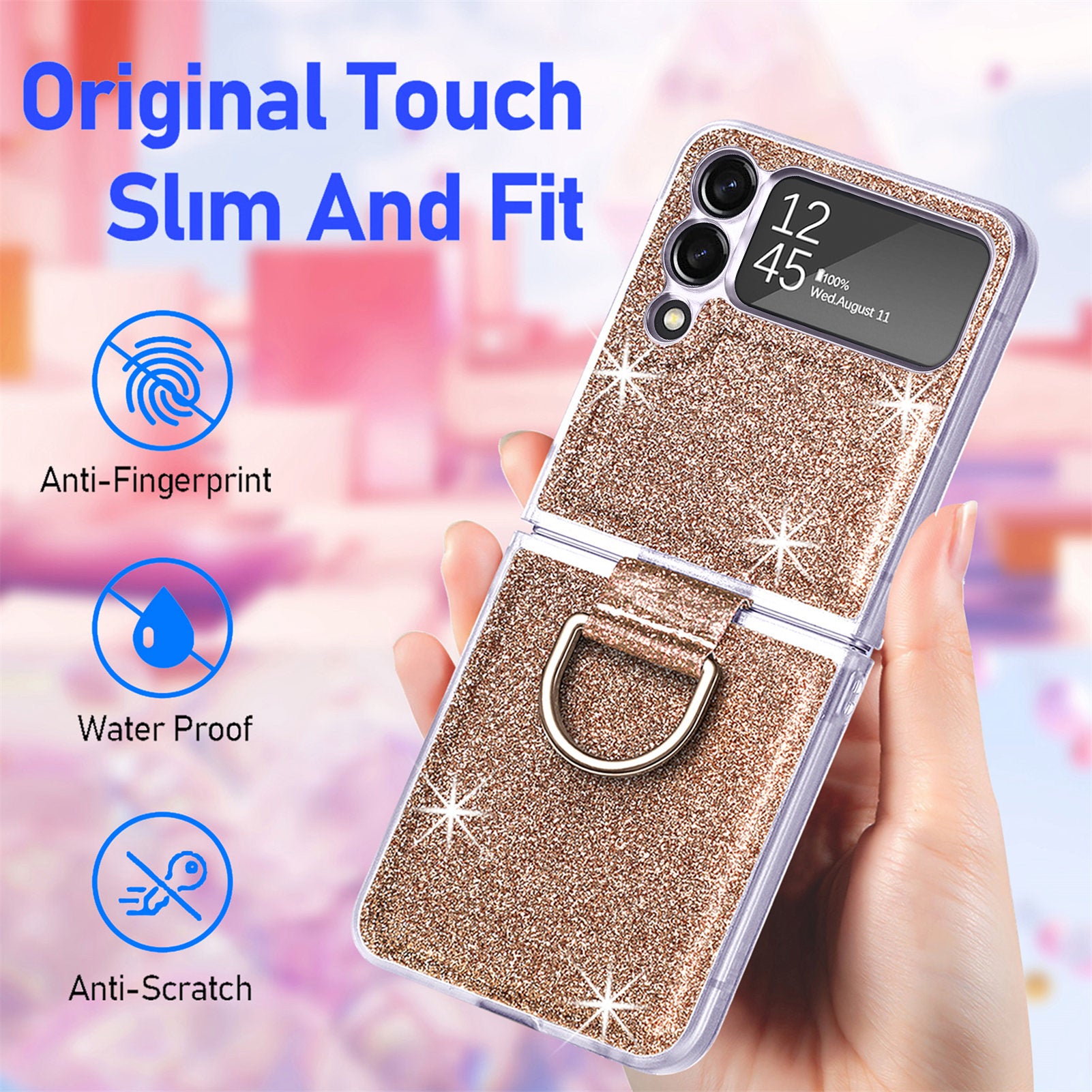 For Samsung Galaxy Z Flip3 5G Glitter Sequins Phone Case PU Leather PC Shockproof Cover with Ring Holder