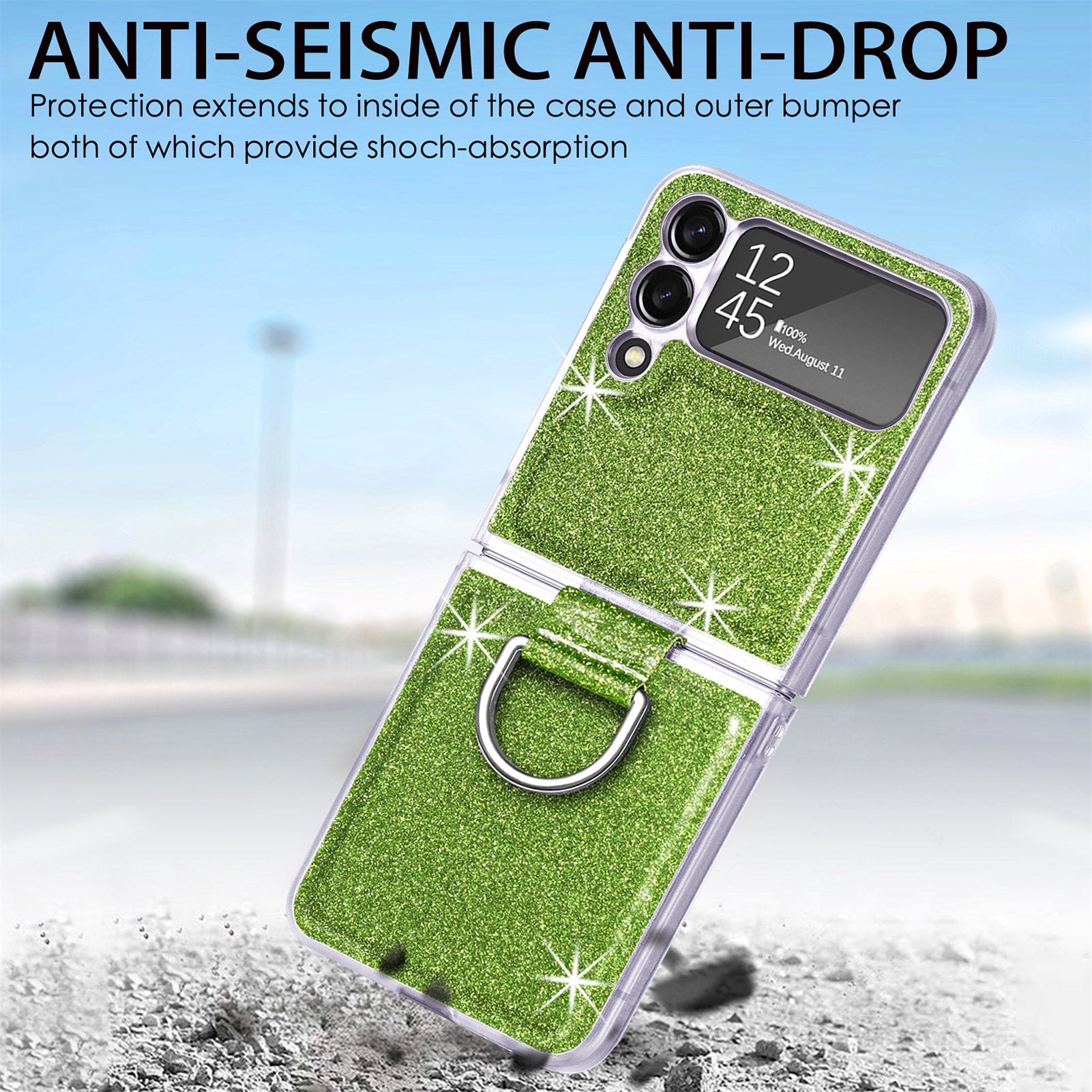 For Samsung Galaxy Z Flip3 5G Glitter Sequins Phone Case PU Leather PC Shockproof Cover with Ring Holder