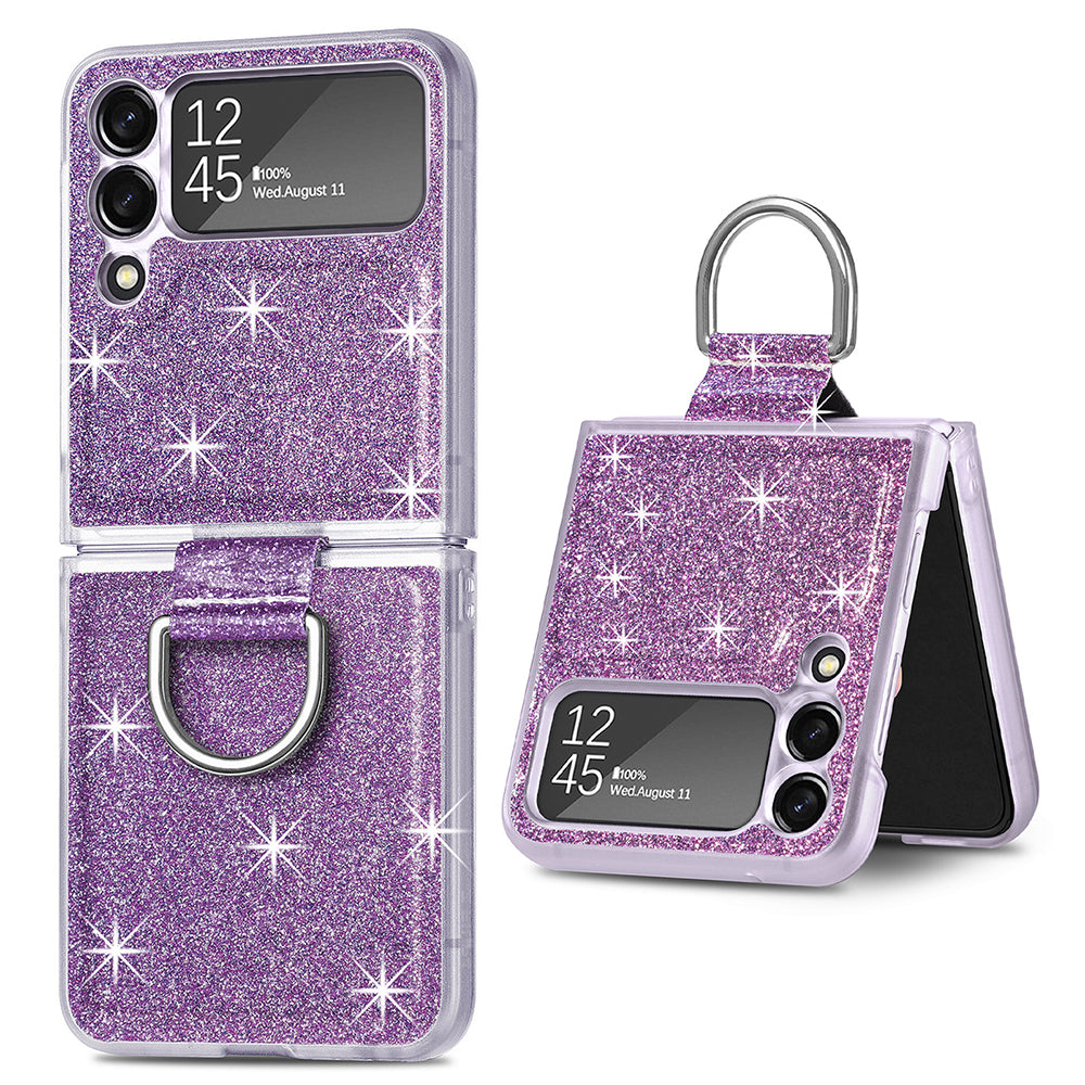 For Samsung Galaxy Z Flip3 5G Glitter Sequins Phone Case PU Leather PC Shockproof Cover with Ring Holder