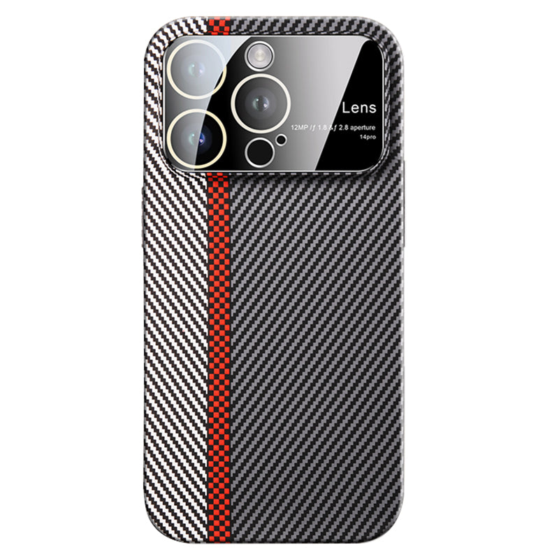 VOERO Anti-Scratch PC Case for iPhone 14 Pro Max Carbon Fiber Texture Phone Shell with Lens Glass Film