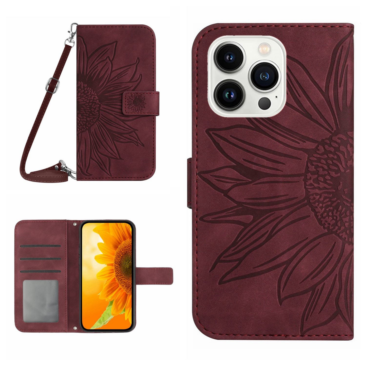 HT04 Stand Shell pro iPhone 15 Pro Max Sunflower Pouzdro na telefon Kožená peněženka s popruhem přes rameno