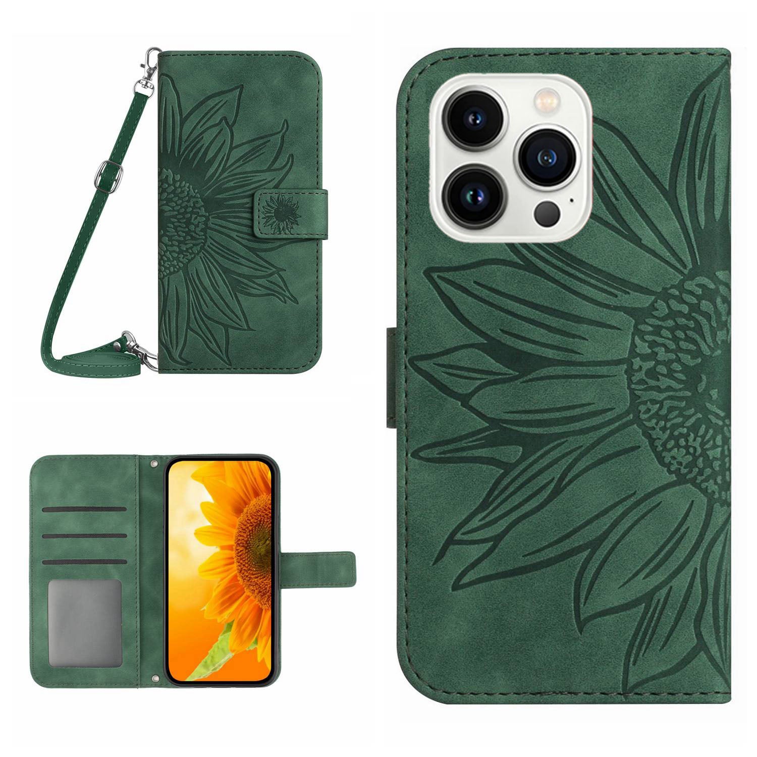 HT04 Stand Shell pro iPhone 15 Pro Max Sunflower Pouzdro na telefon Kožená peněženka s popruhem přes rameno