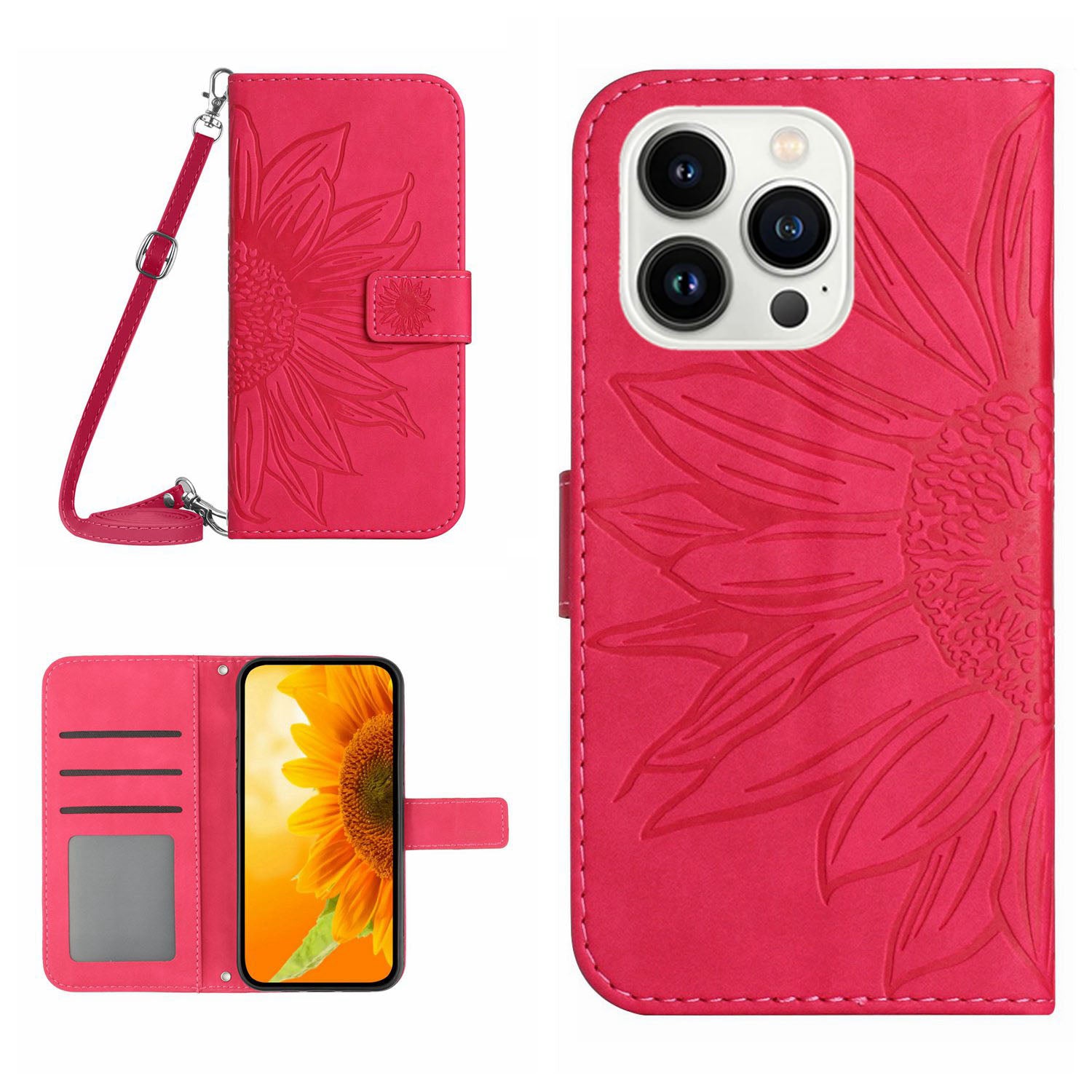 HT04 Stand Shell pro iPhone 15 Pro Max Sunflower Pouzdro na telefon Kožená peněženka s popruhem přes rameno