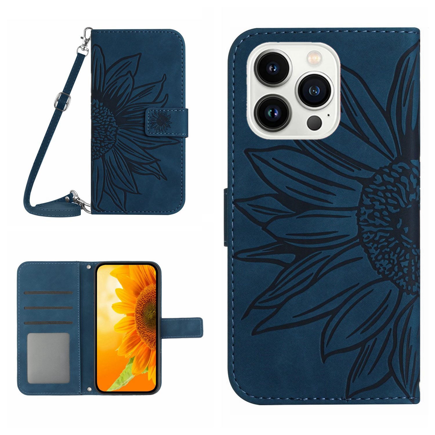 HT04 Stand Shell pro iPhone 15 Pro Max Sunflower Pouzdro na telefon Kožená peněženka s popruhem přes rameno