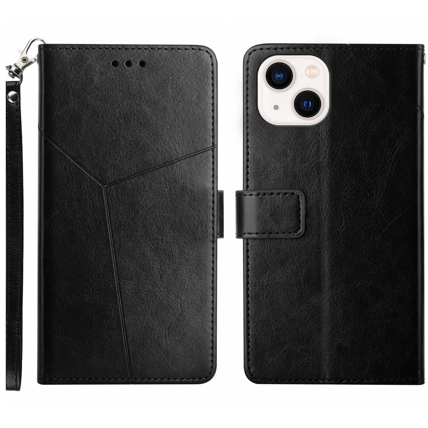 HT01 Y-shaped Line Imprinting Phone Case for iPhone 15 PU Leather Wallet Stand Anti-drop Cover