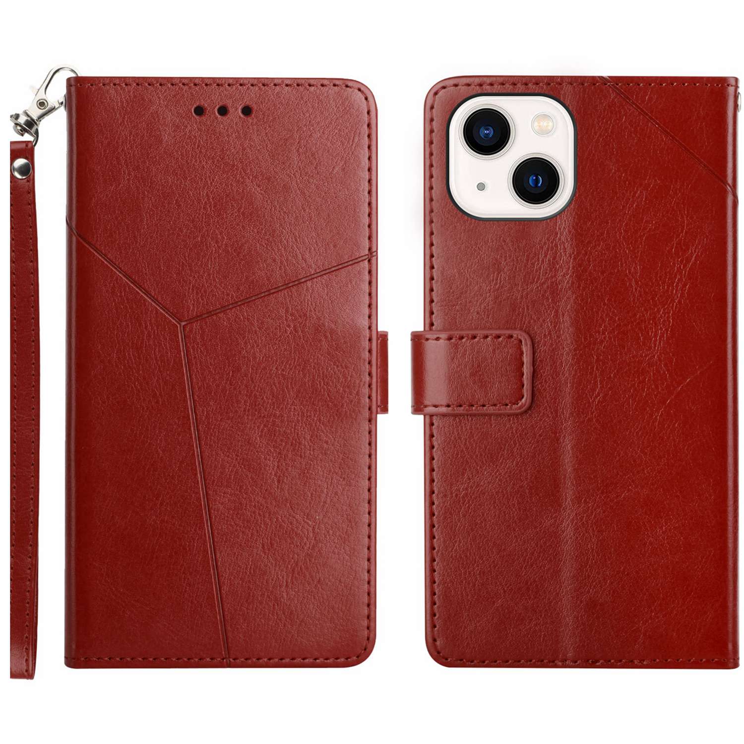 HT01 Y-shaped Line Imprinting Phone Case for iPhone 15 PU Leather Wallet Stand Anti-drop Cover