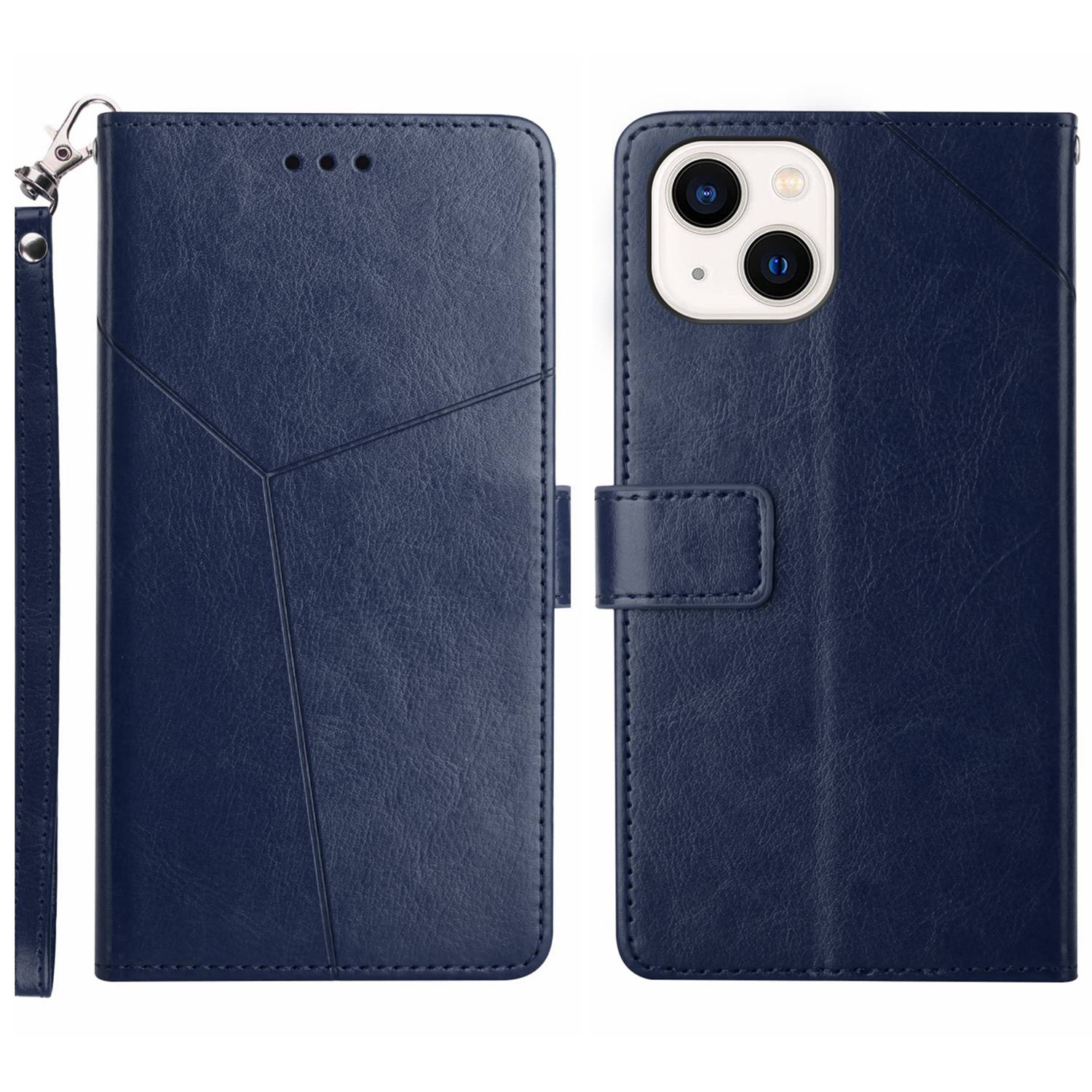 HT01 Y-shaped Line Imprinting Phone Case for iPhone 15 PU Leather Wallet Stand Anti-drop Cover