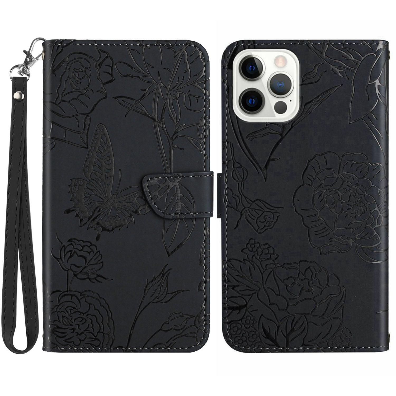HT03 til iPhone 15 Pro Butterfly påtrykt PU-læder telefonstativ cover Pung etui med håndledsrem