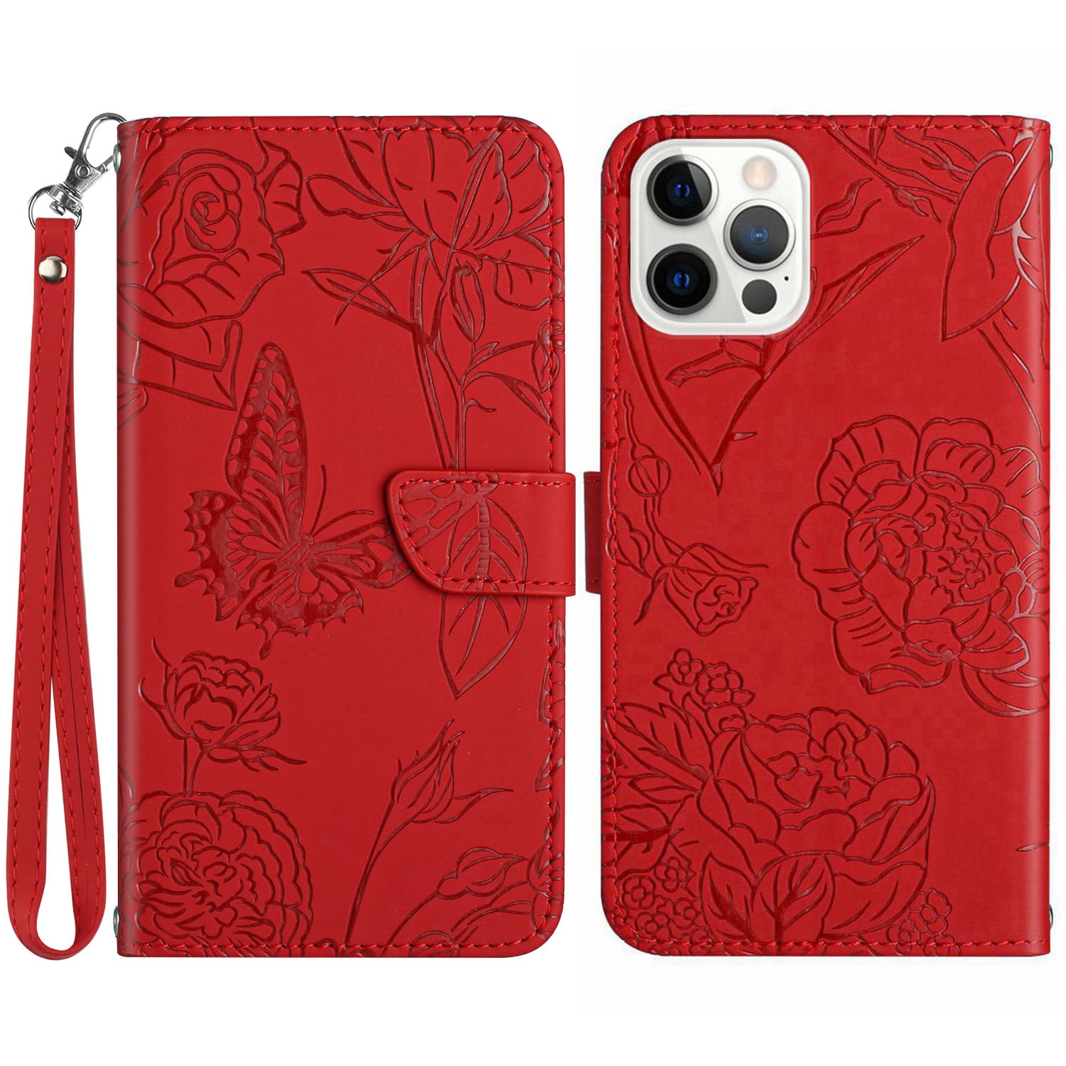 HT03 til iPhone 15 Pro Butterfly påtrykt PU-læder telefonstativ cover Pung etui med håndledsrem