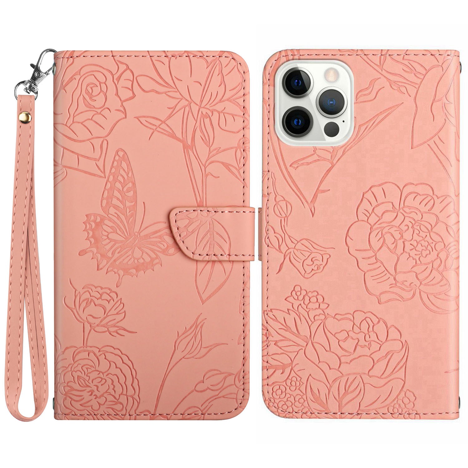 HT03 til iPhone 15 Pro Butterfly påtrykt PU-læder telefonstativ cover Pung etui med håndledsrem