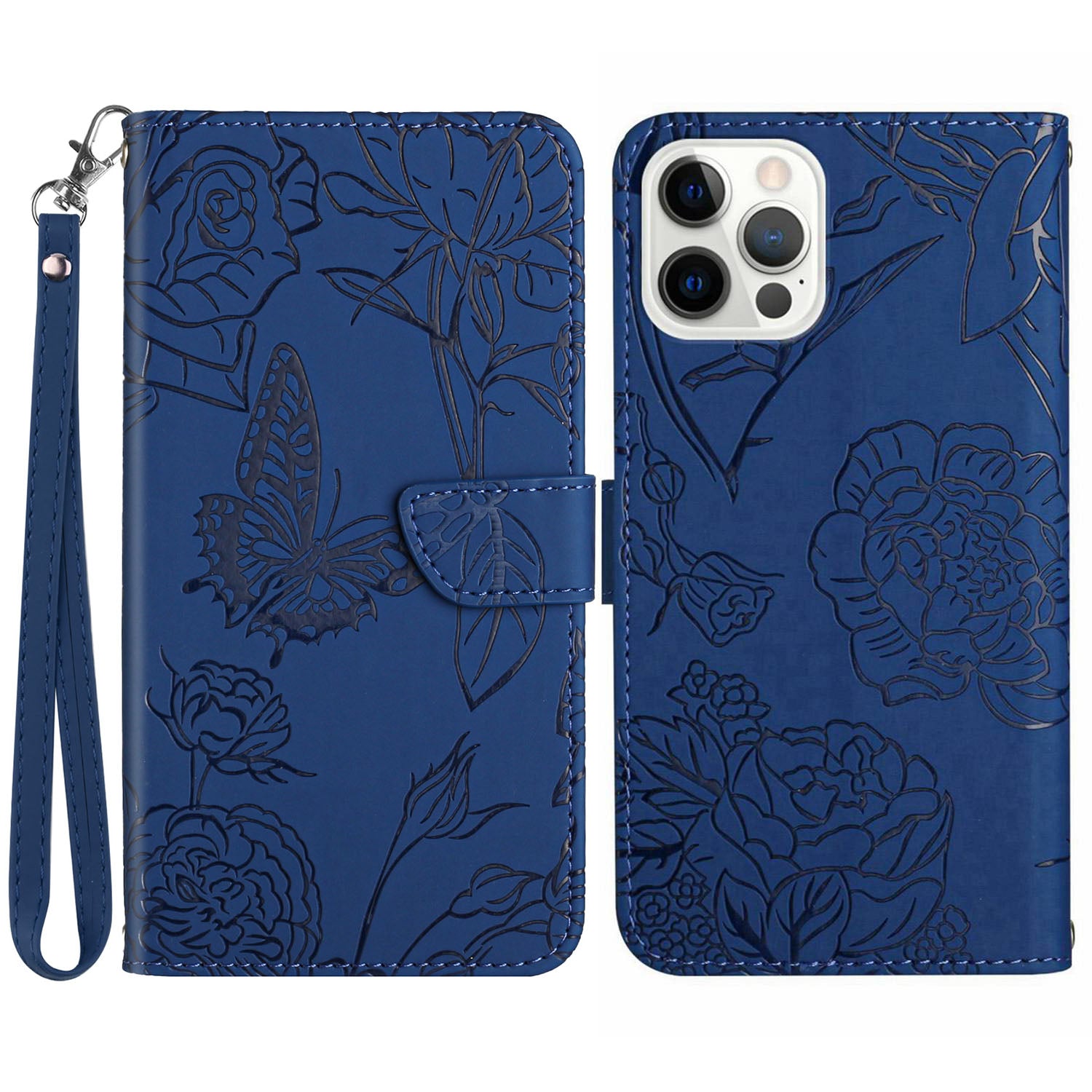 HT03 til iPhone 15 Pro Butterfly påtrykt PU-læder telefonstativ cover Pung etui med håndledsrem