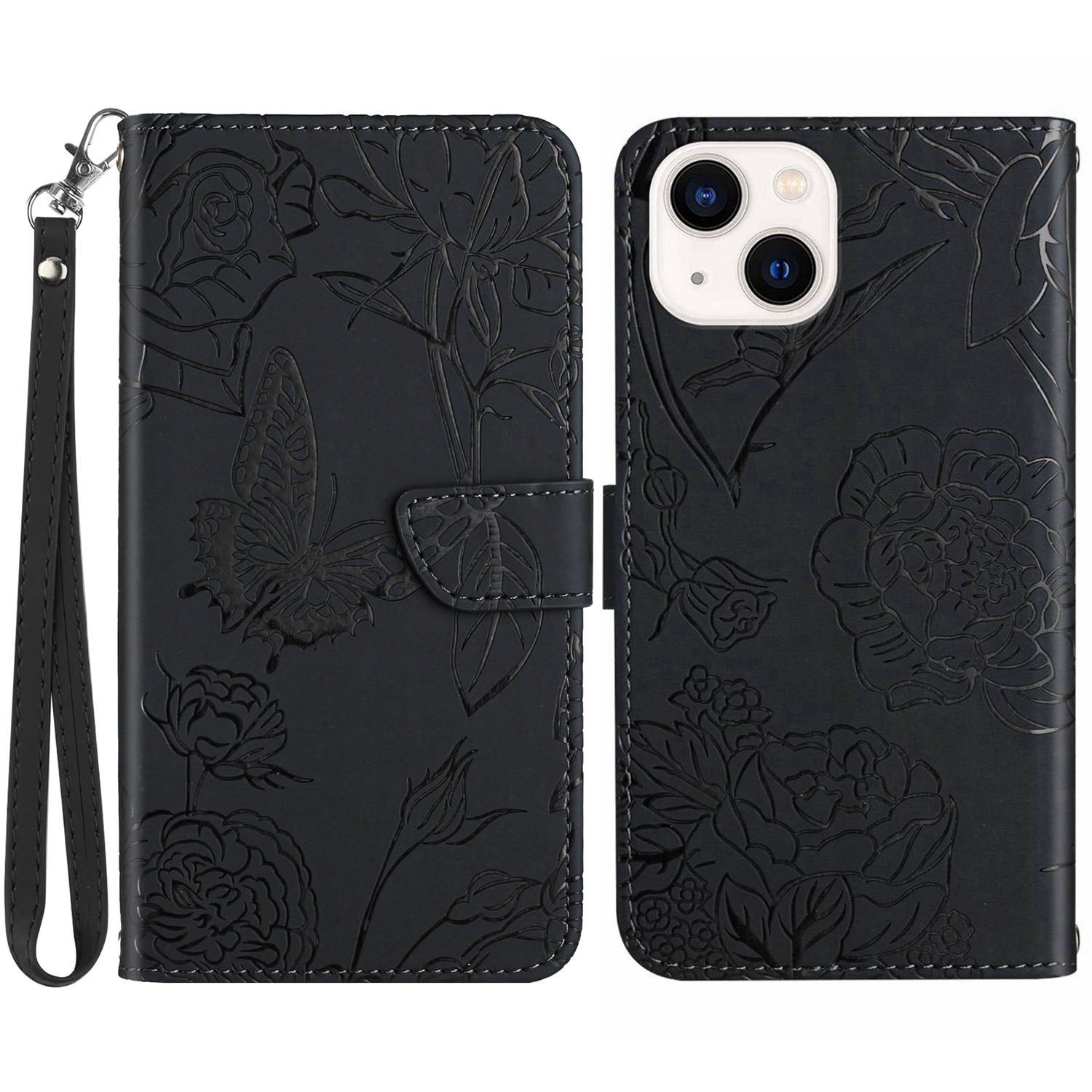 HT03 til iPhone 15 Plus Ridsefast påtrykt PU-læder Telefonholder Cover Pung-etui med håndledsrem