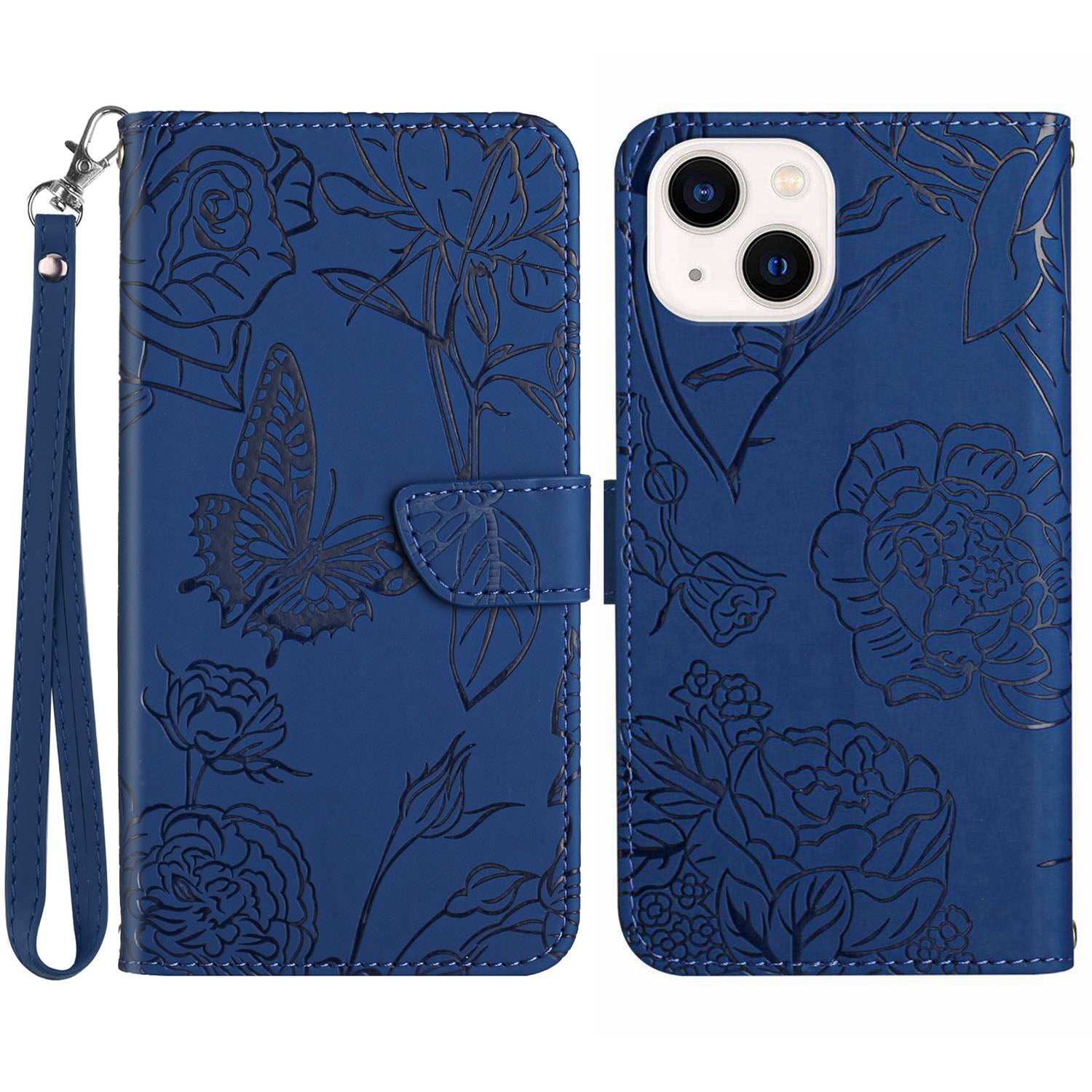 HT03 til iPhone 15 Plus Ridsefast påtrykt PU-læder Telefonholder Cover Pung-etui med håndledsrem