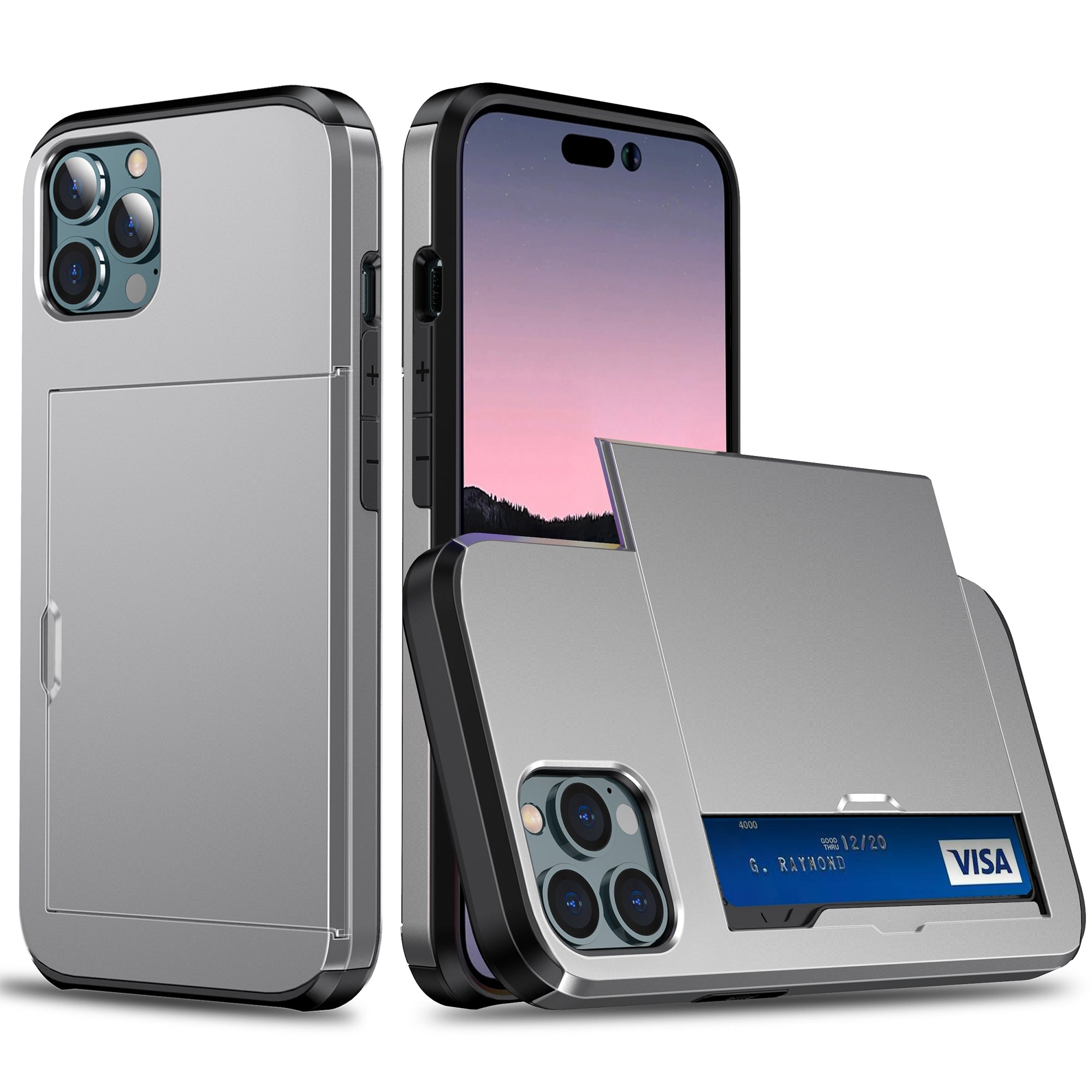 Slide Card Holder Phone Cover pro iPhone 15 Pro TPU PC Dvouvrstvé ochranné pouzdro na telefon