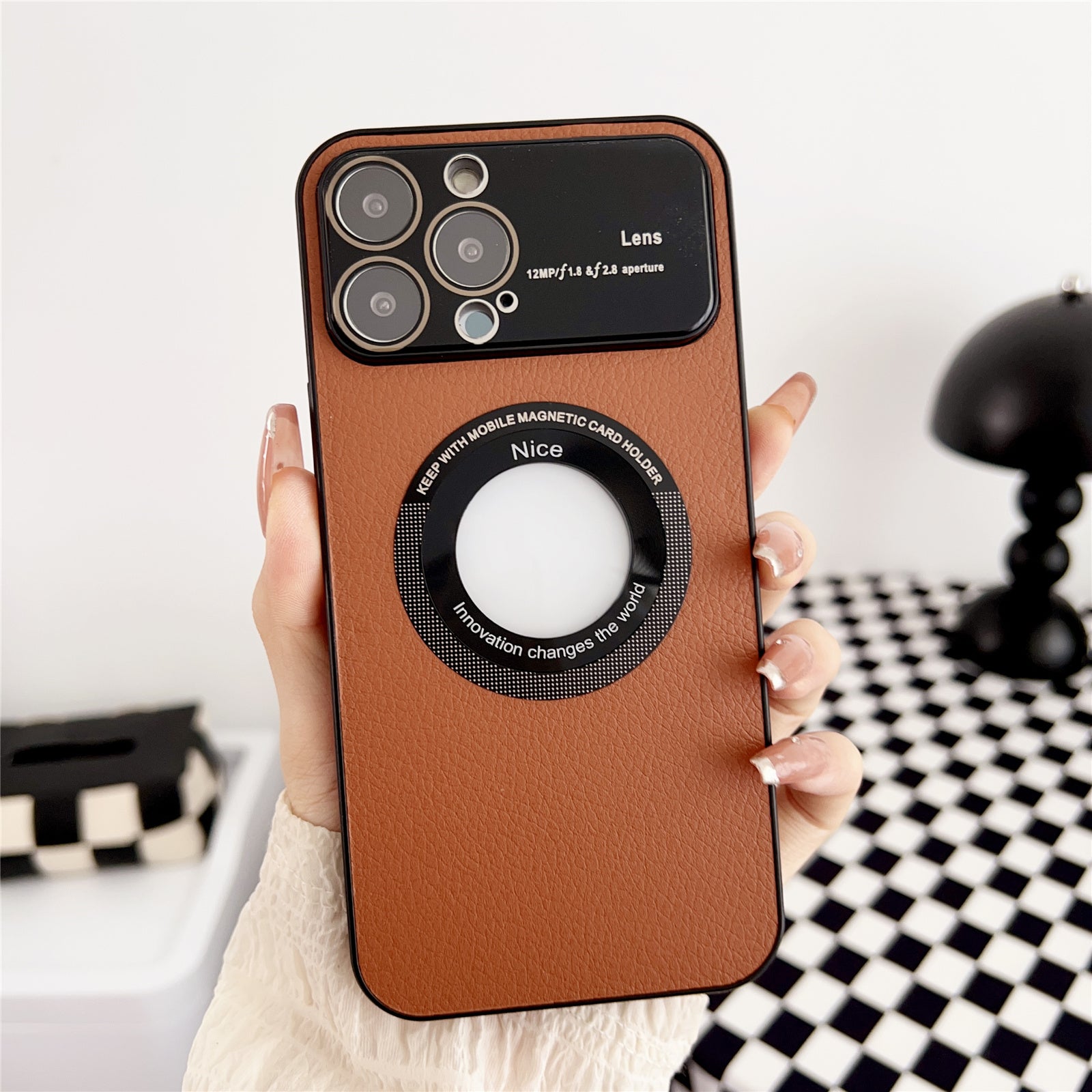 Compatible with MagSafe Case for iPhone 13 Pro Max 6.7 inch Litchi Texture PU Leather Hard PC Phone Cover with Glass LOGO View