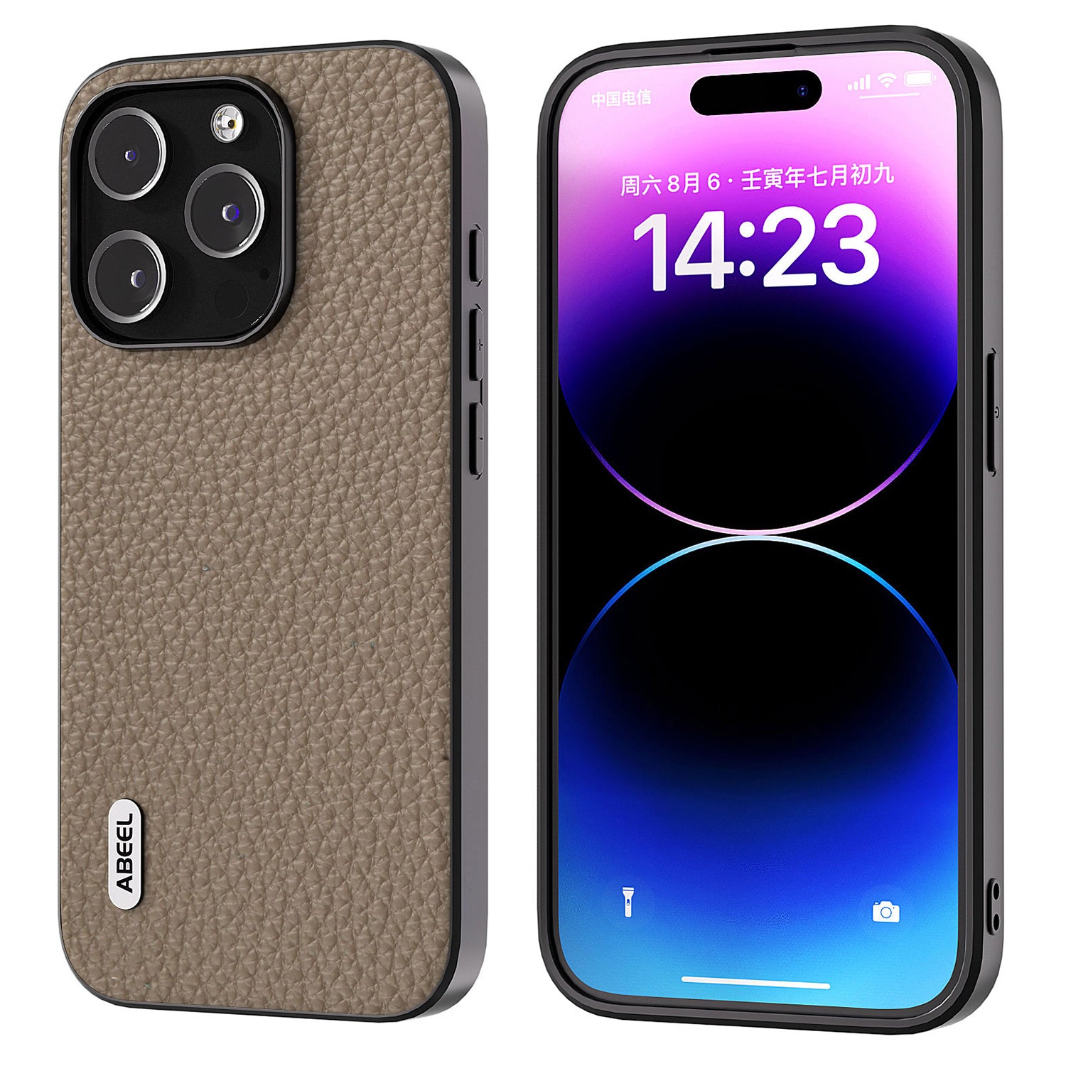 ABEEL For iPhone 14 Pro Back Phone Case Cowhide Leather PC TPU Litchi Texture Protective Cover