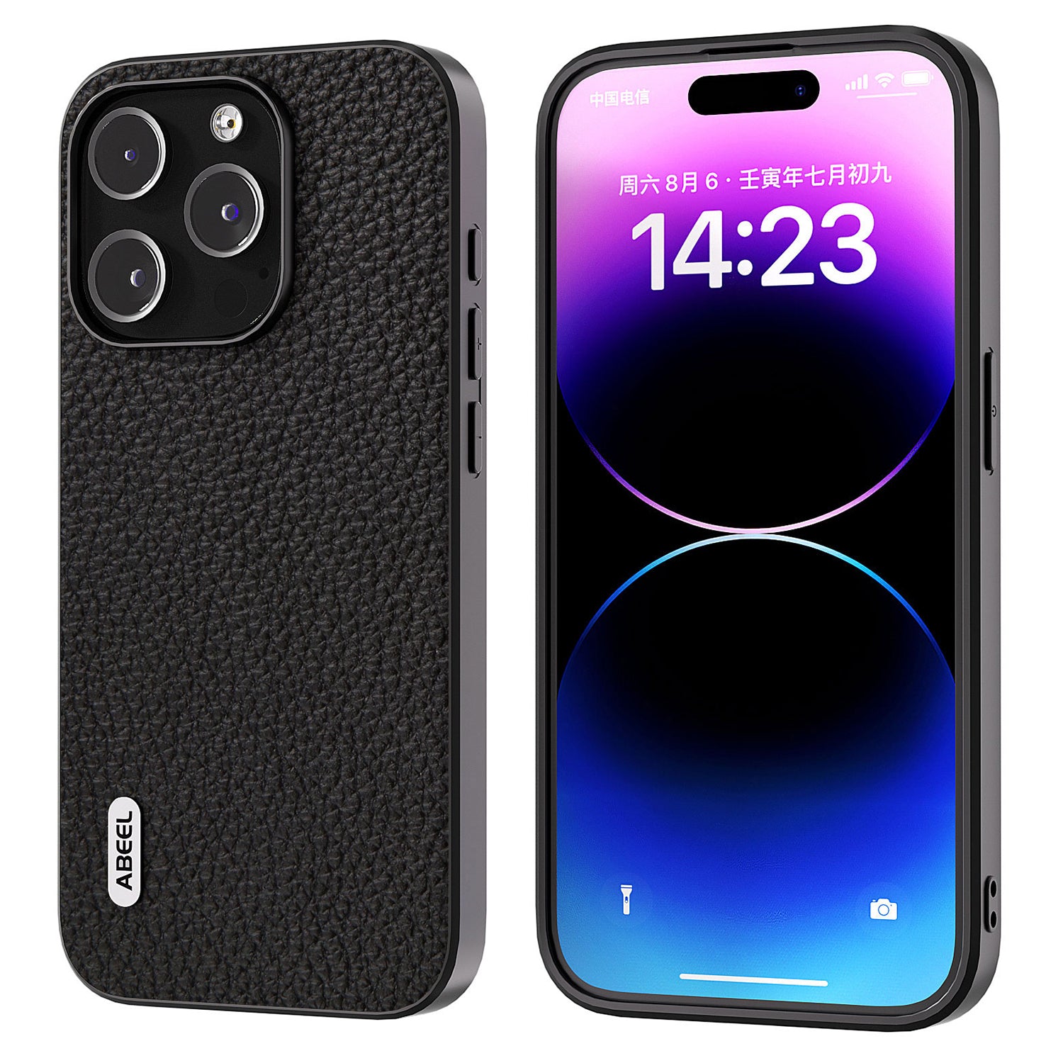 ABEEL For iPhone 14 Pro Max Cowhide Leather Coated PC TPU Phone Case Litchi Texture Hybrid Cover