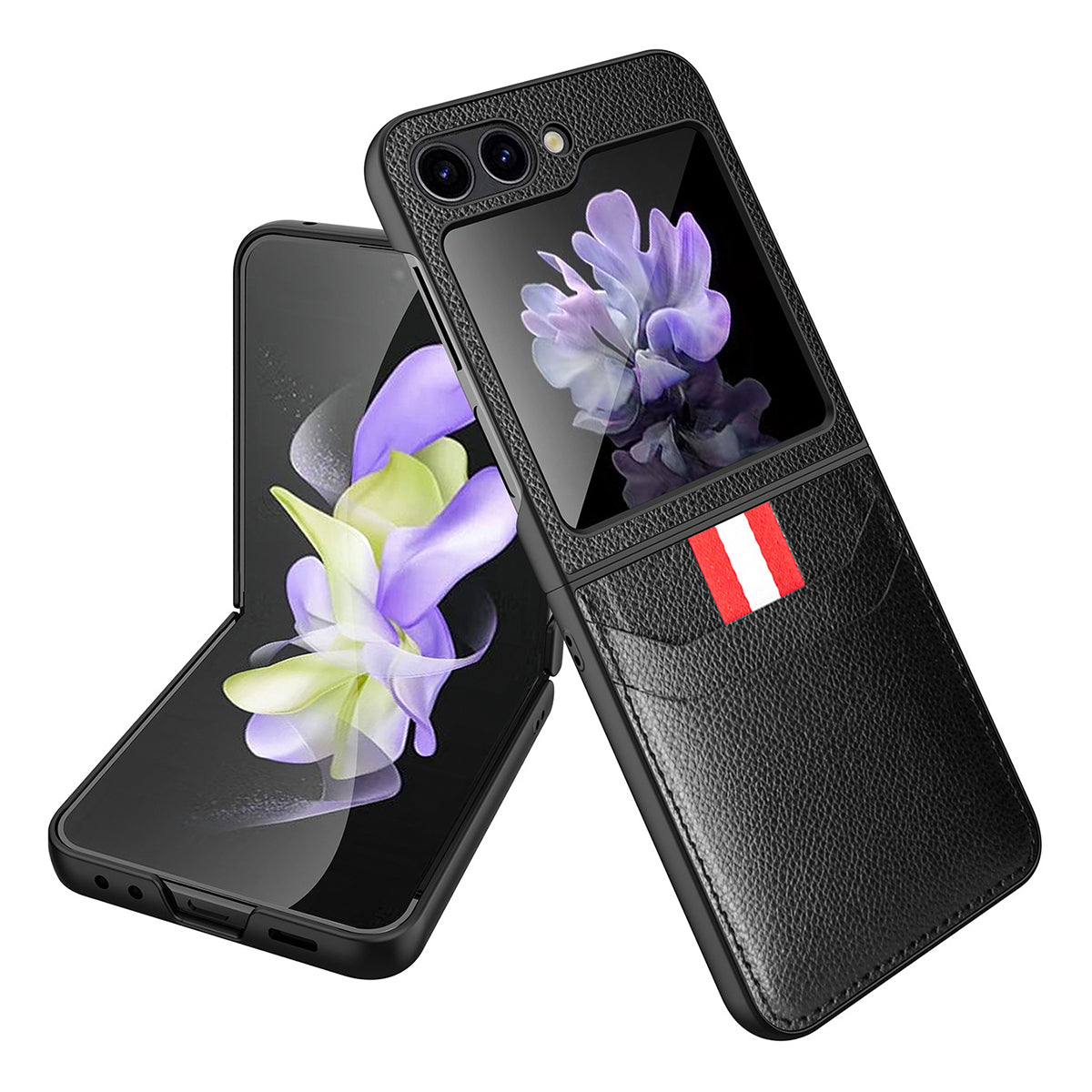 For Samsung Galaxy Z Flip5 5G PU Leather PC Phone Case Litchi Texture Card Slot Cover with Tempered Glass Rear Screen Film