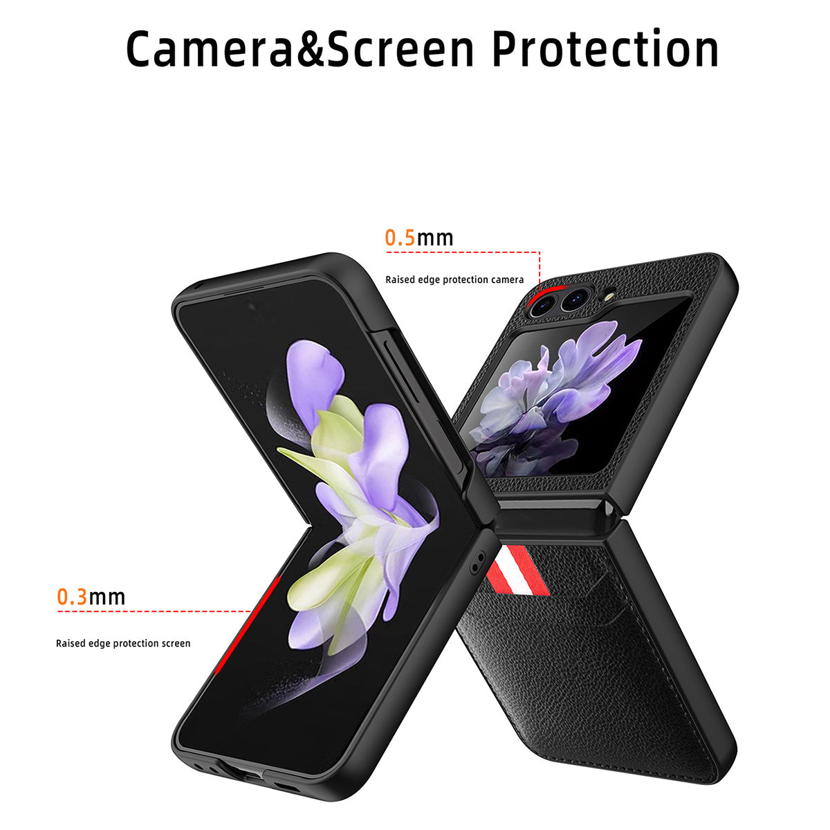 For Samsung Galaxy Z Flip5 5G PU Leather PC Phone Case Litchi Texture Card Slot Cover with Tempered Glass Rear Screen Film