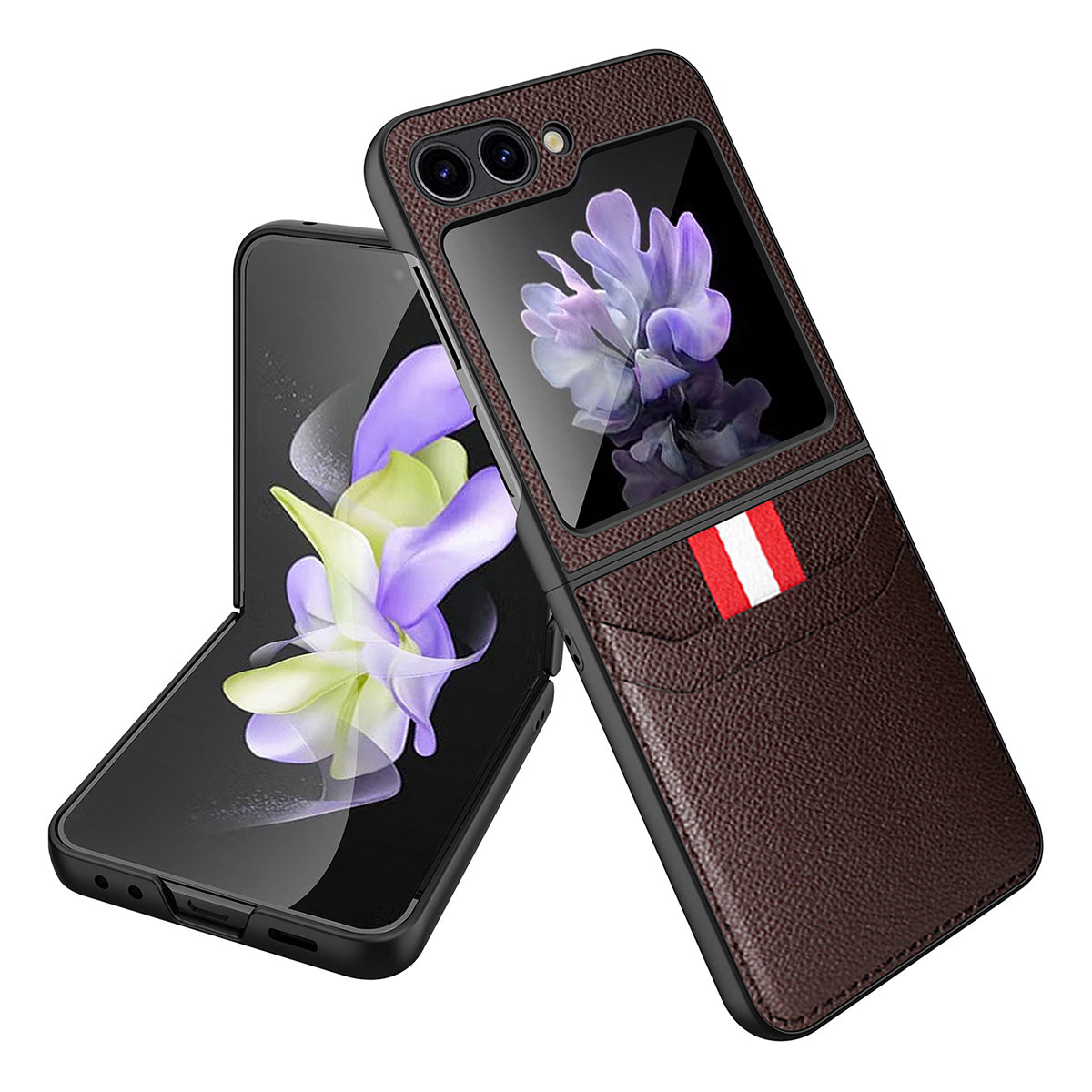 For Samsung Galaxy Z Flip5 5G PU Leather PC Phone Case Litchi Texture Card Slot Cover with Tempered Glass Rear Screen Film