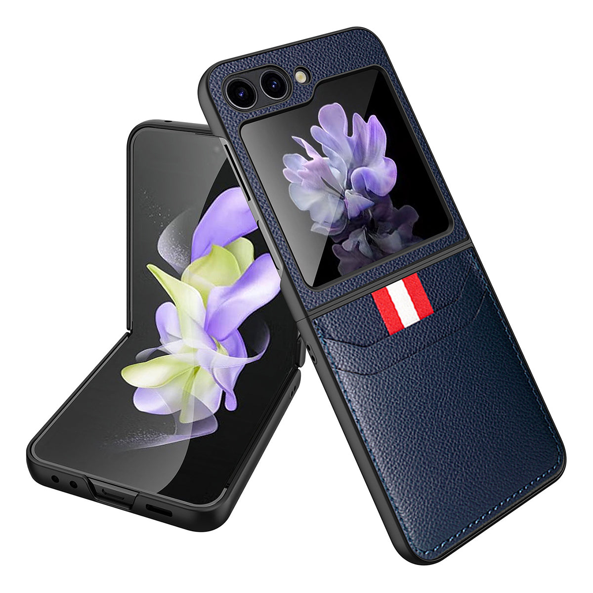For Samsung Galaxy Z Flip5 5G PU Leather PC Phone Case Litchi Texture Card Slot Cover with Tempered Glass Rear Screen Film