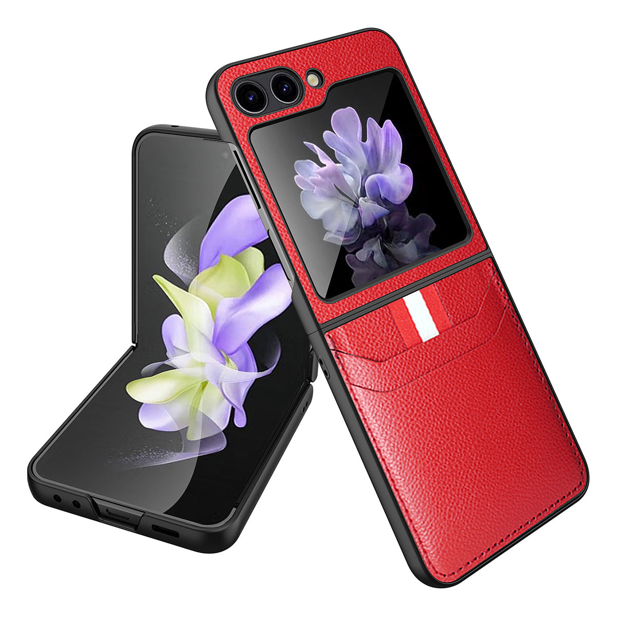 For Samsung Galaxy Z Flip5 5G PU Leather PC Phone Case Litchi Texture Card Slot Cover with Tempered Glass Rear Screen Film