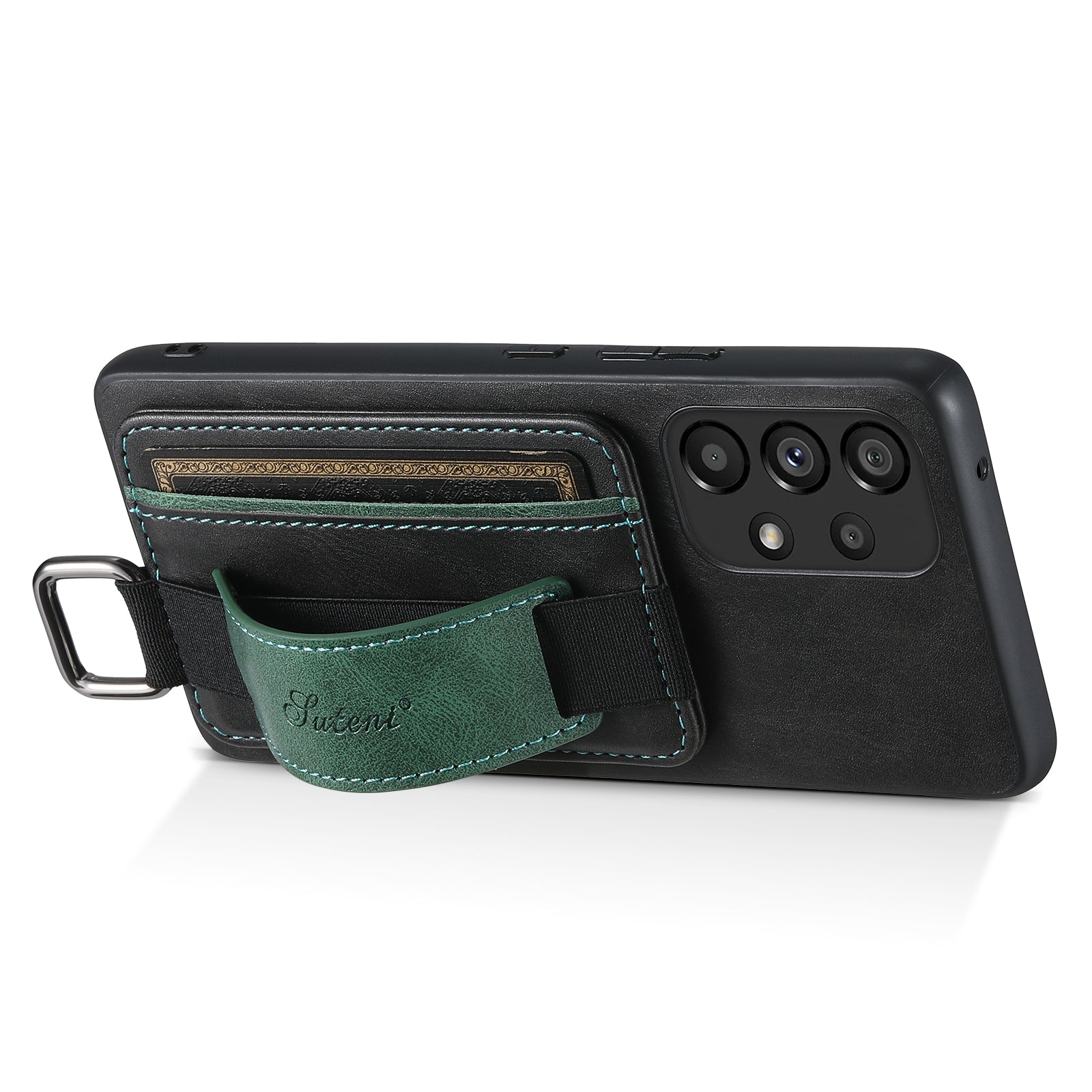 SUTENI H13 For Samsung Galaxy A53 5G Card Holder Kickstand Case with Hand Strap Anti-drop PU Leather Coated PC TPU Cover
