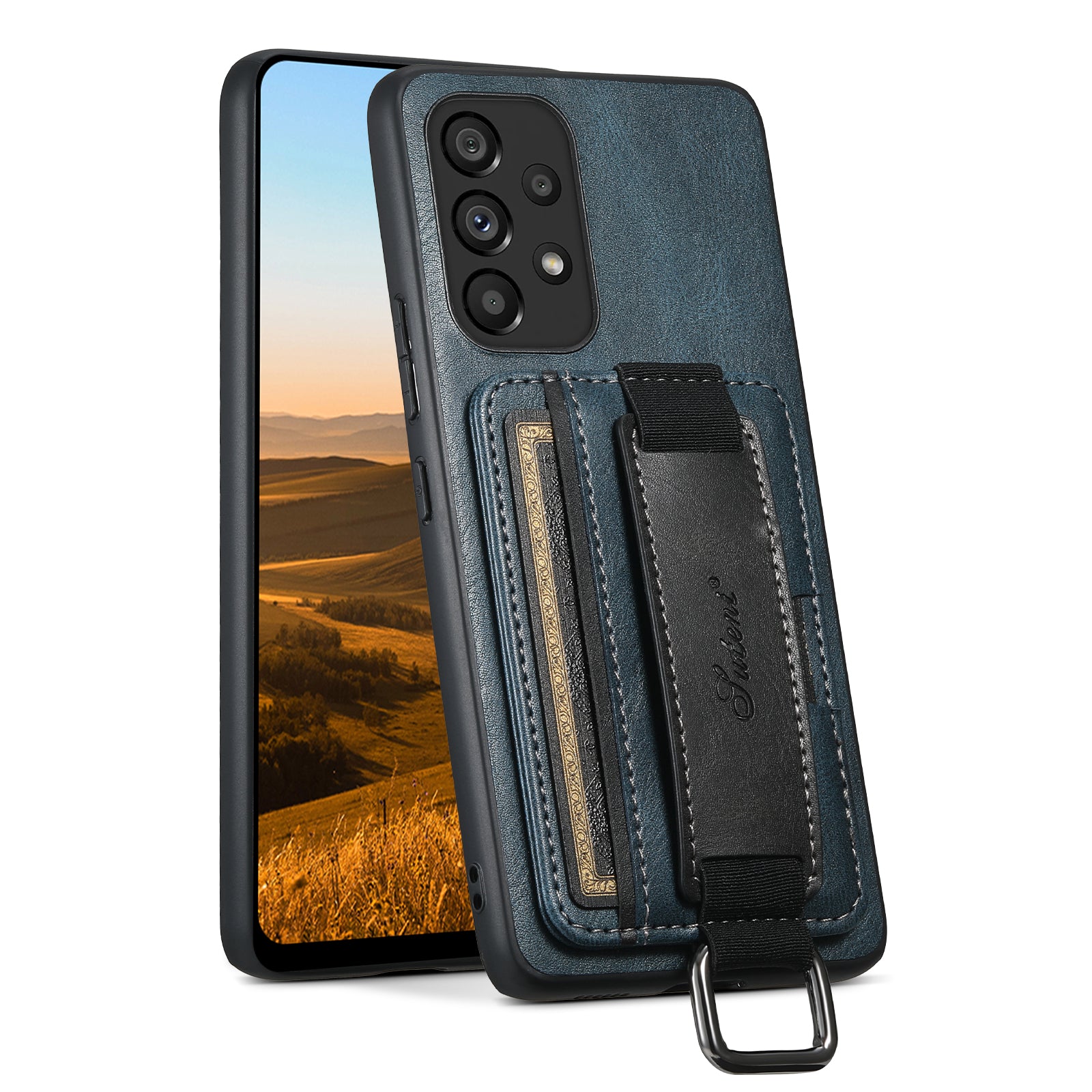 SUTENI H13 For Samsung Galaxy A53 5G Card Holder Kickstand Case with Hand Strap Anti-drop PU Leather Coated PC TPU Cover
