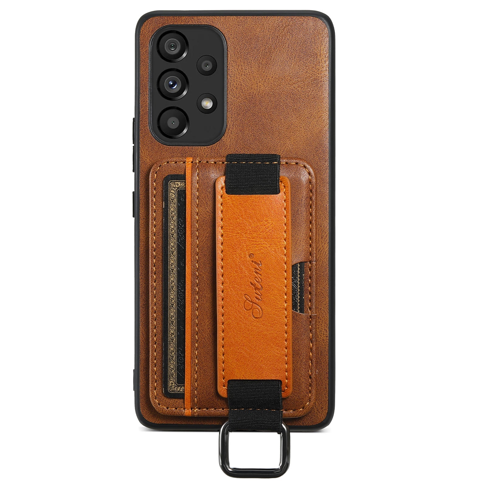 SUTENI H13 For Samsung Galaxy A53 5G Card Holder Kickstand Case with Hand Strap Anti-drop PU Leather Coated PC TPU Cover