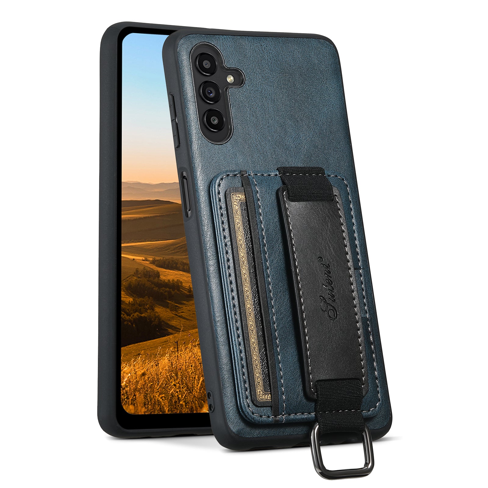 SUTENI H13 For Samsung Galaxy A13 5G Kickstand Case with Hand Strap PU Leather Coated PC TPU Card Holder Phone Shell