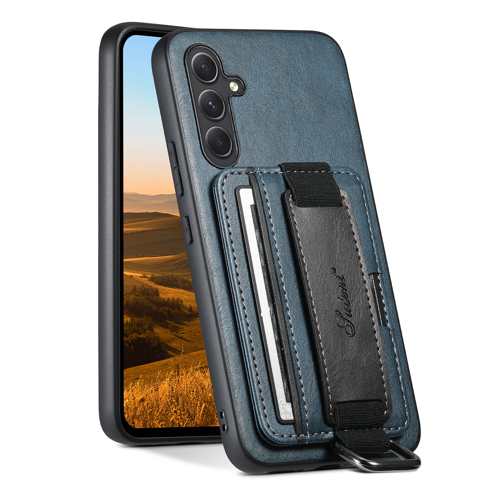 SUTENI H13 For Samsung Galaxy A24 4G Card Holder Fall Proof Kickstand Case with Hand Strap PU Leather Coated PC TPU Cover