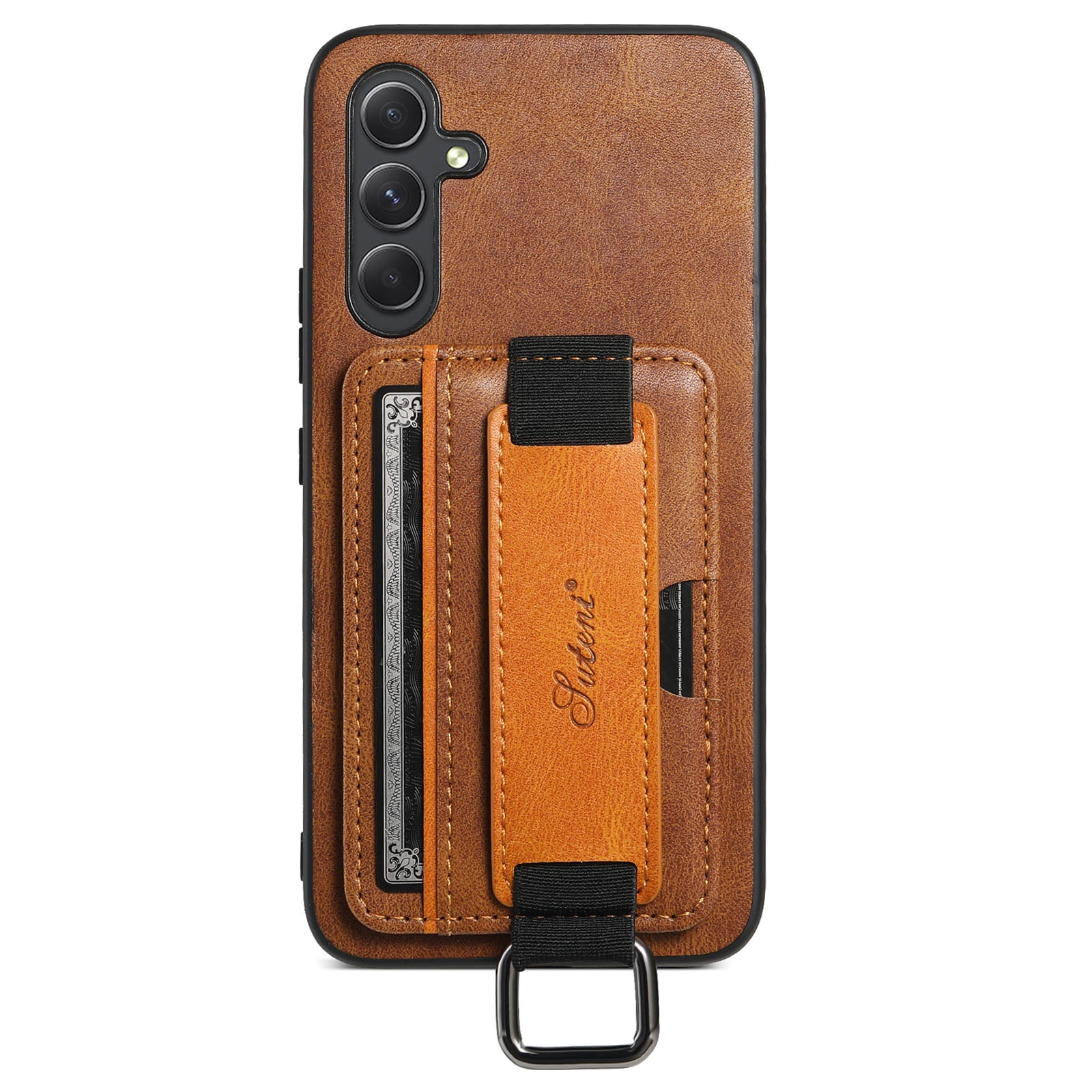 SUTENI H13 For Samsung Galaxy A24 4G Card Holder Fall Proof Kickstand Case with Hand Strap PU Leather Coated PC TPU Cover