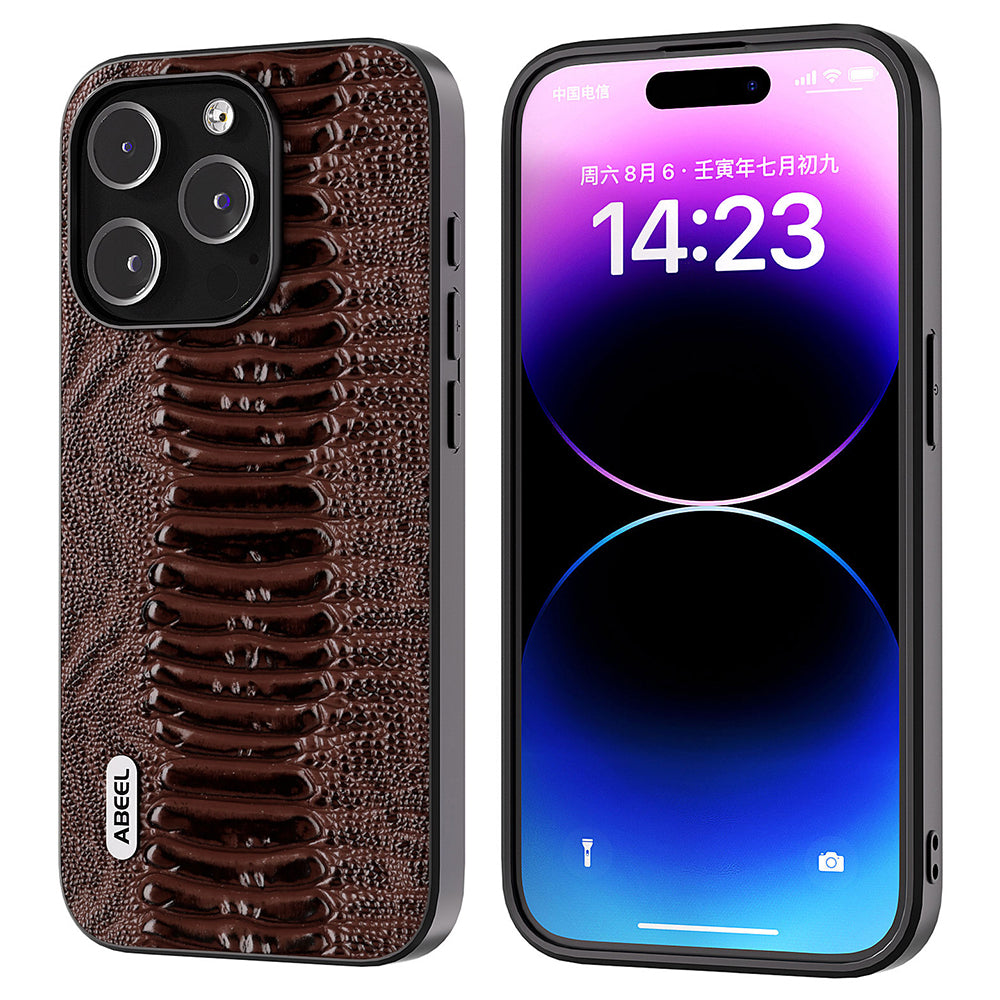 ABEEL For iPhone 14 Pro Max Genuine Cow Leather PC TPU Phone Case Crocodile Texture Shockproof Cover