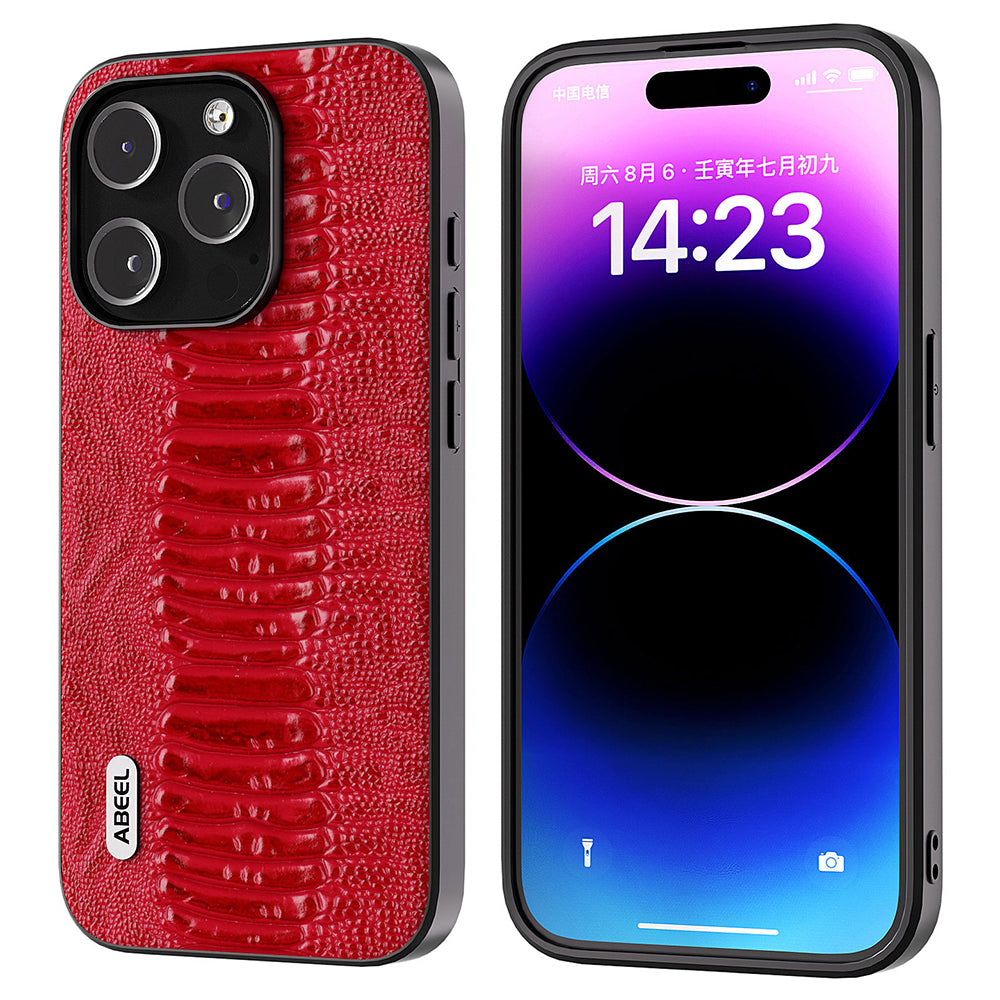 ABEEL For iPhone 14 Pro Max Genuine Cow Leather PC TPU Phone Case Crocodile Texture Shockproof Cover