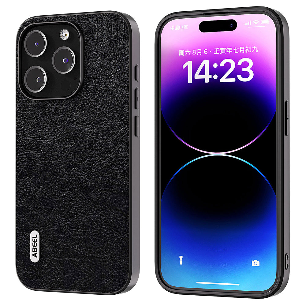 ABEEL For iPhone 14 Pro Max Retro Litchi Texture Anti-fall Phone Case PU Leather Coated PC TPU Cover
